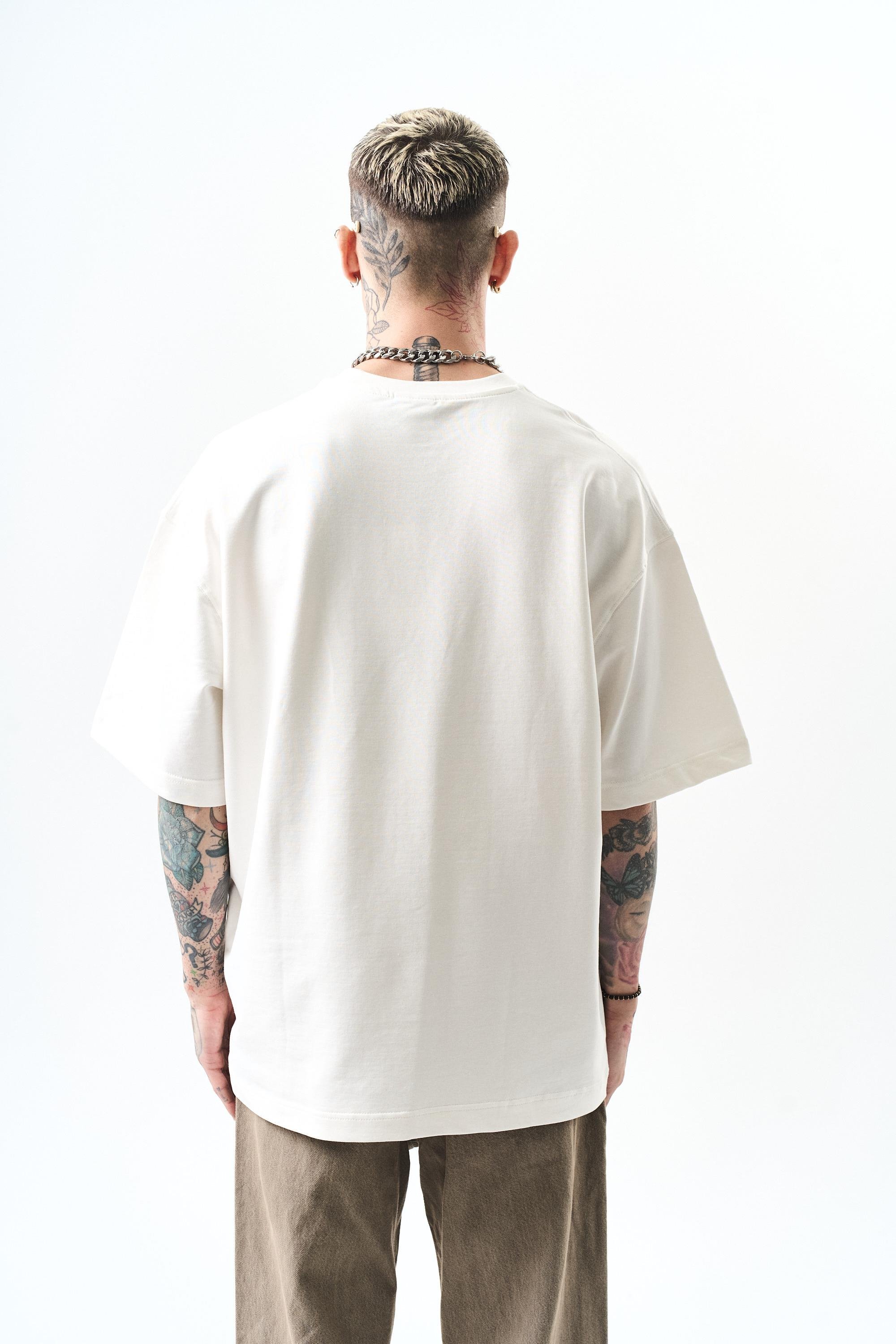 Erkek Respire Yazı Detaylı Oversize T-Shirt Ekru