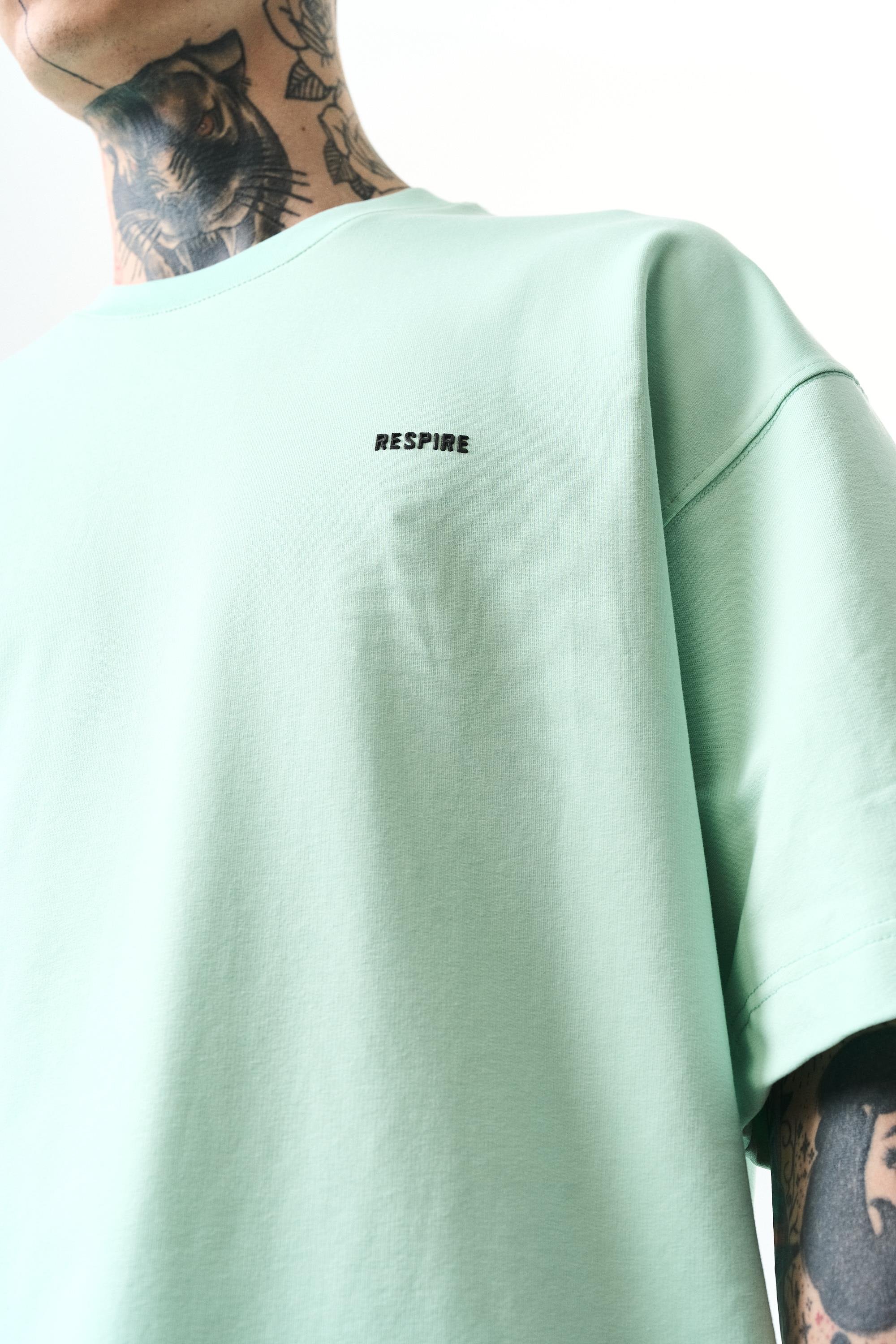 Erkek Respire Yazı Detaylı Oversize T-Shirt Su Yeşili