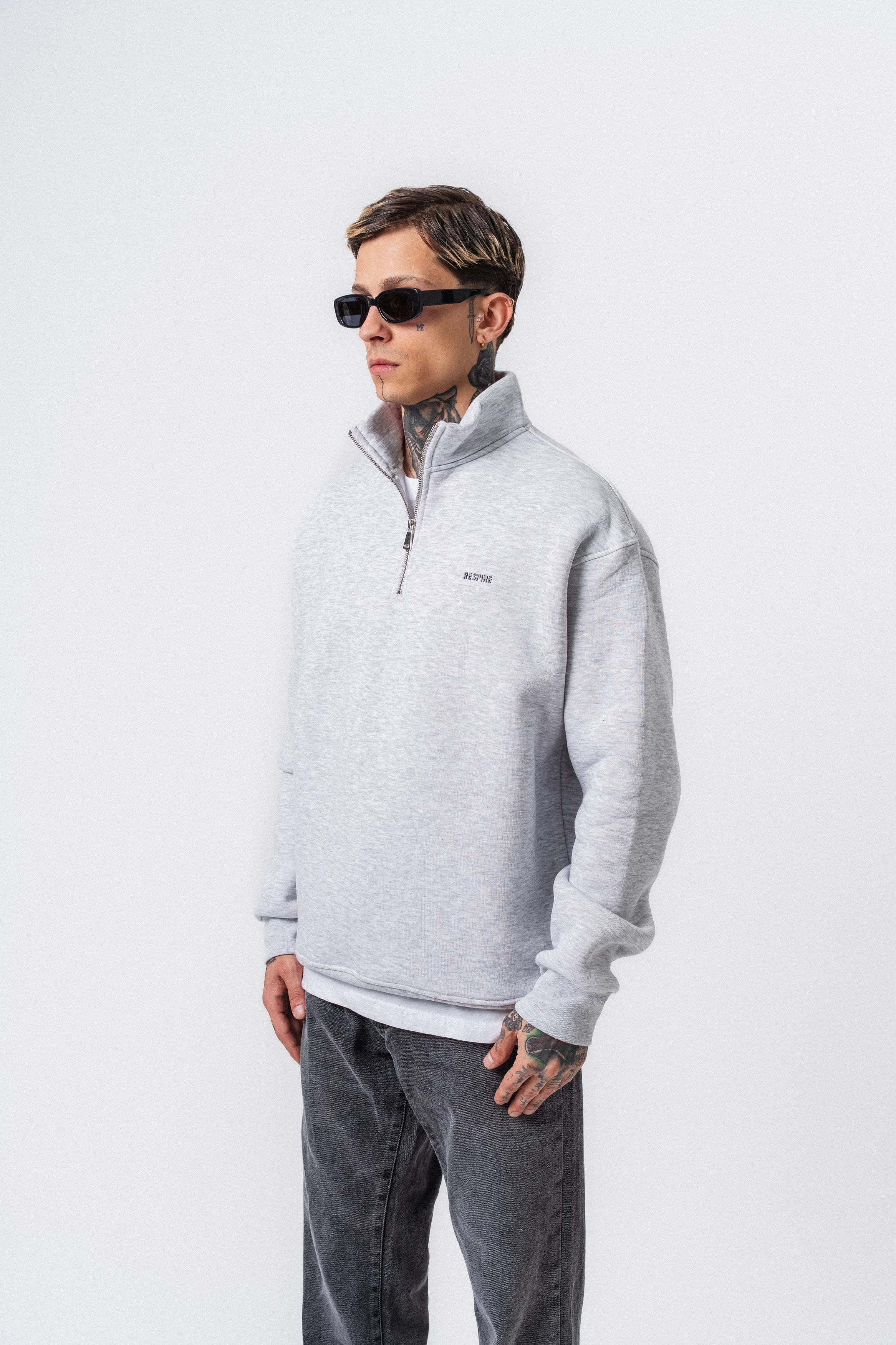 Erkek Respire Yazı Detaylı Yarım Fermuarlı Basic Sweatshirt Kar Melanj