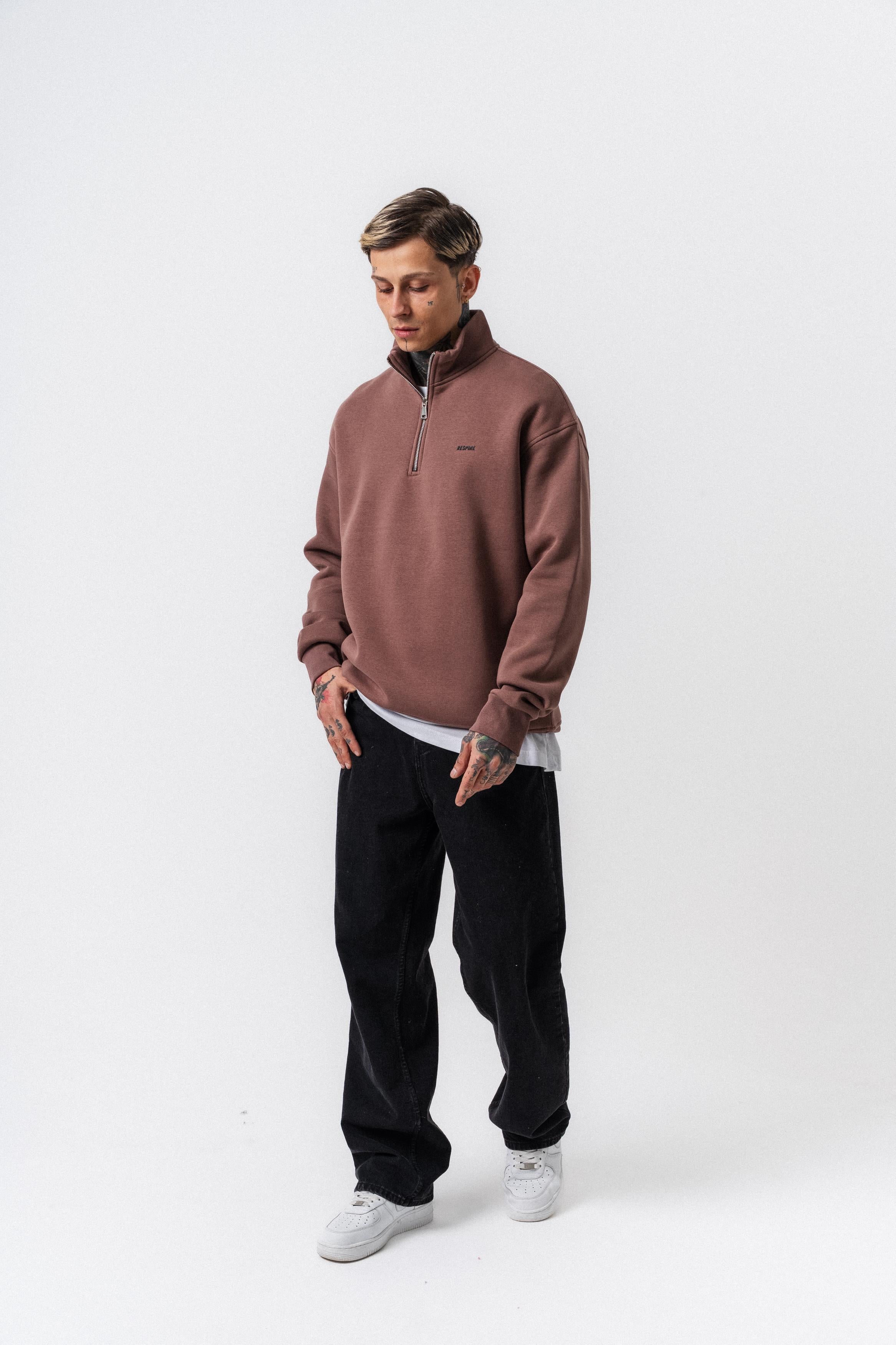 Erkek Respire Yazı Detaylı Yarım Fermuarlı Basic Sweatshirt Kakao