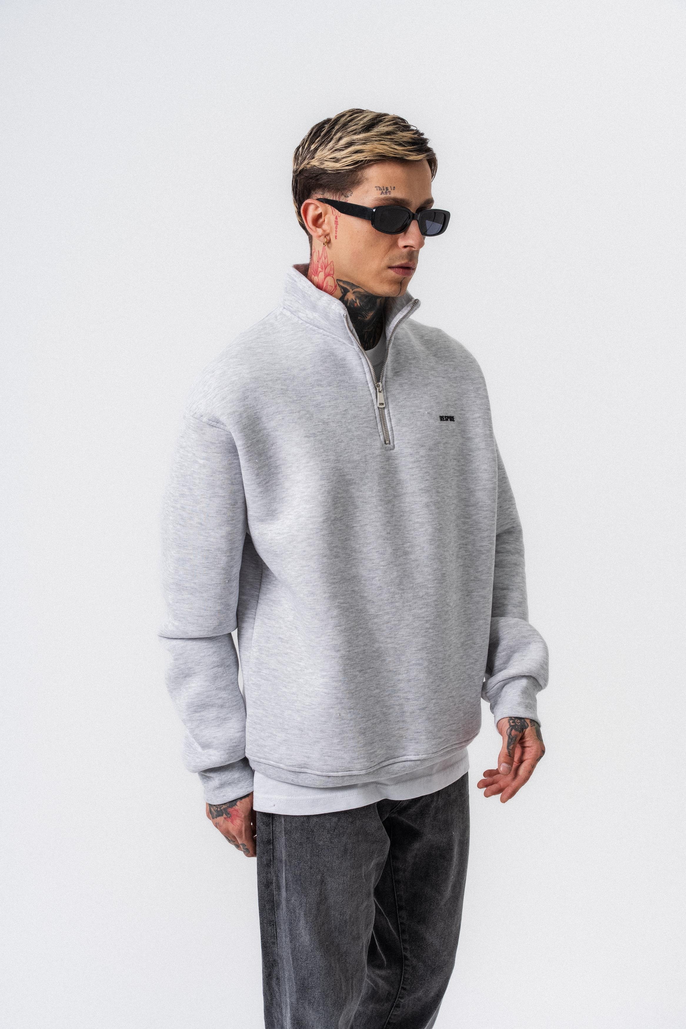 Erkek Respire Yazı Detaylı Yarım Fermuarlı Basic Sweatshirt Kar Melanj