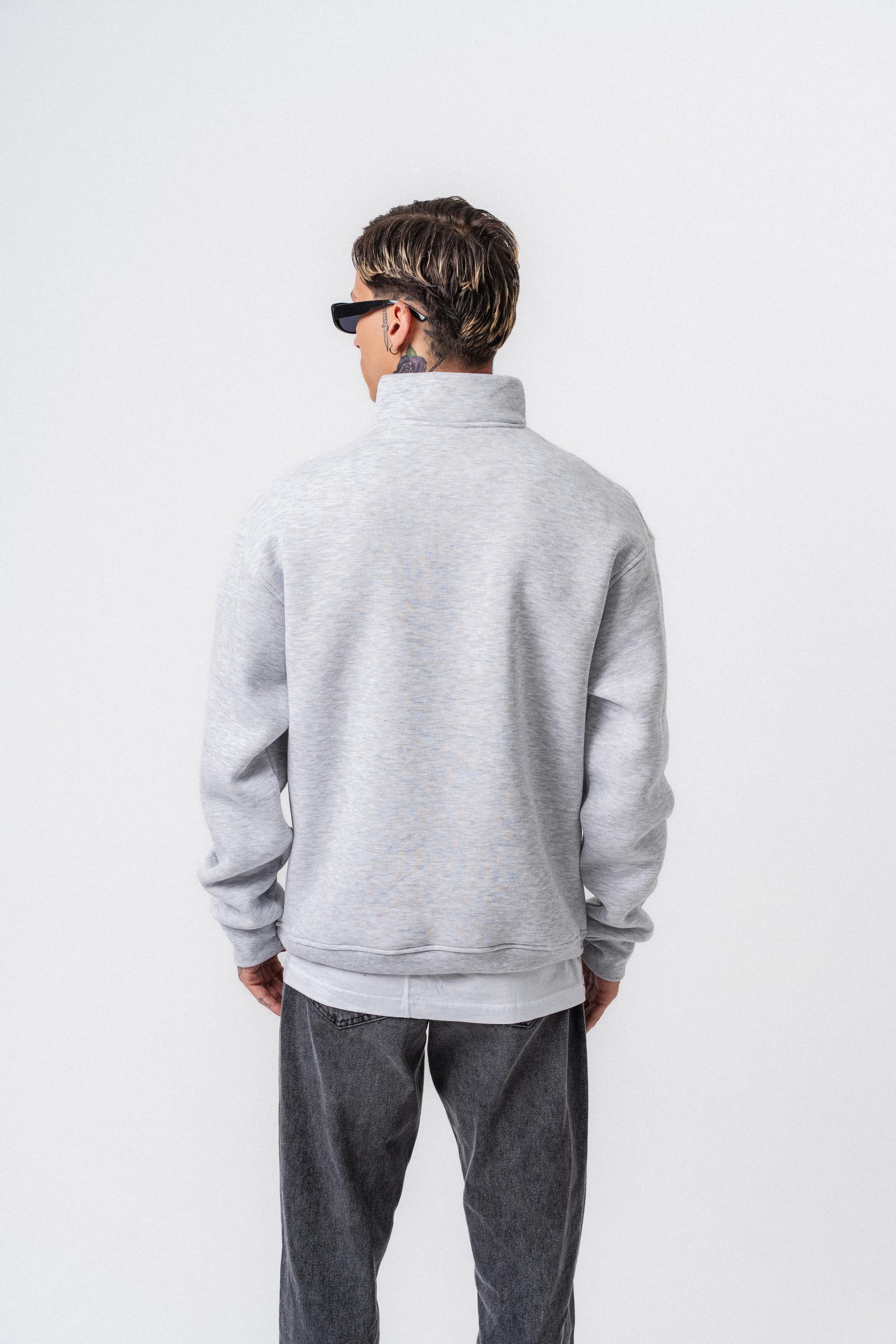 Erkek Respire Yazı Detaylı Yarım Fermuarlı Basic Sweatshirt Kar Melanj
