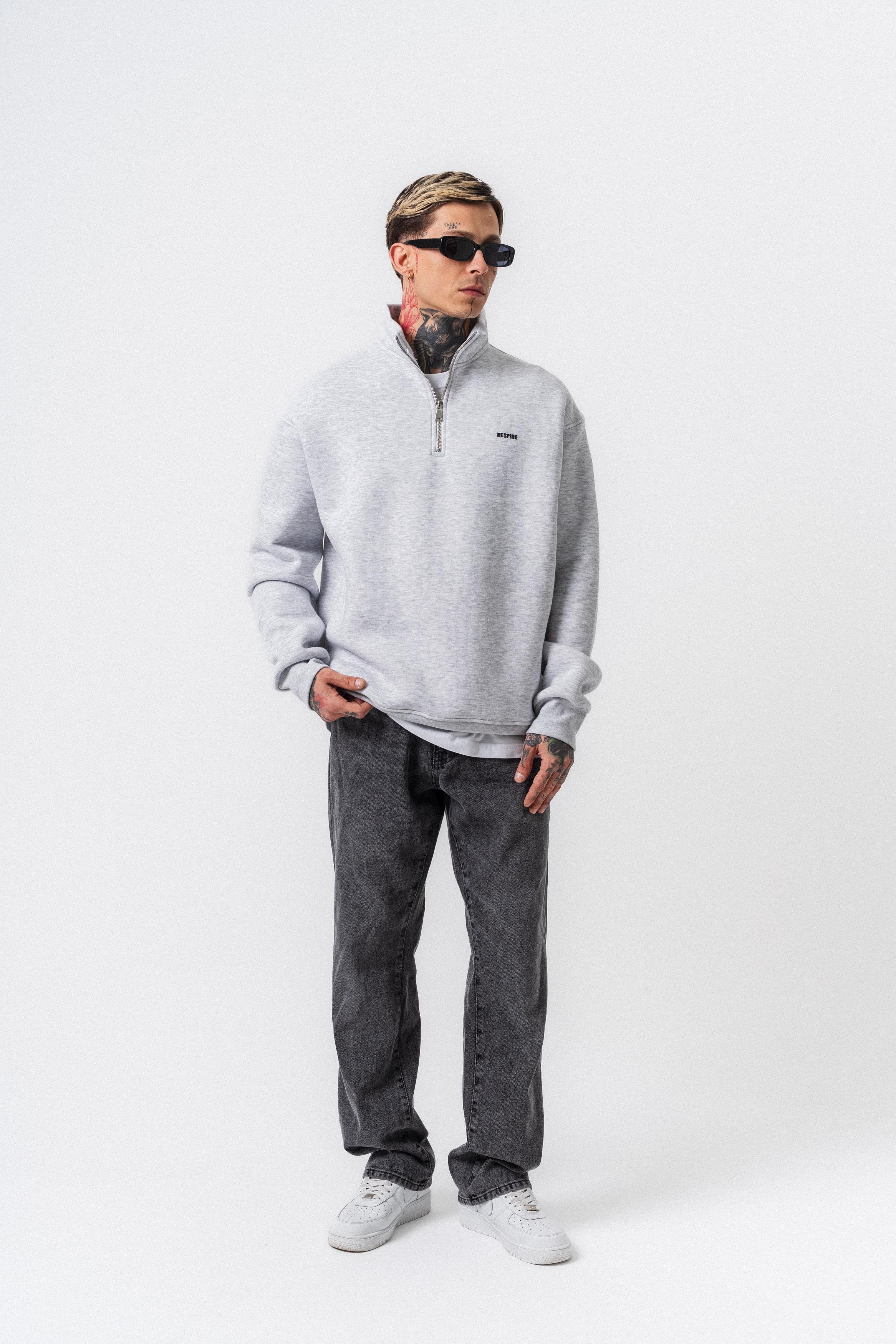 Erkek Respire Yazı Detaylı Yarım Fermuarlı Basic Sweatshirt Kar Melanj