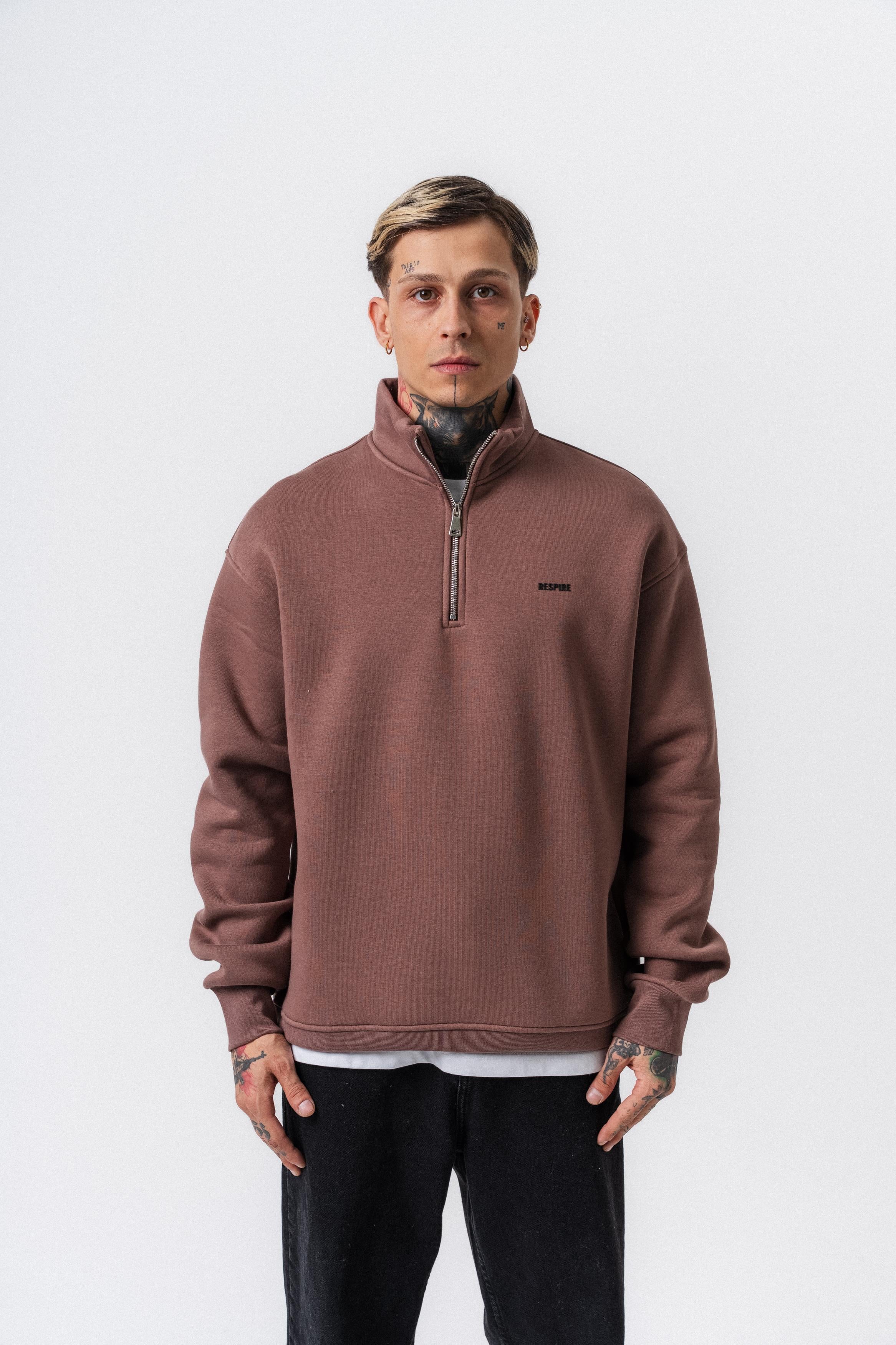 Erkek Respire Yazı Detaylı Yarım Fermuarlı Basic Sweatshirt Kakao