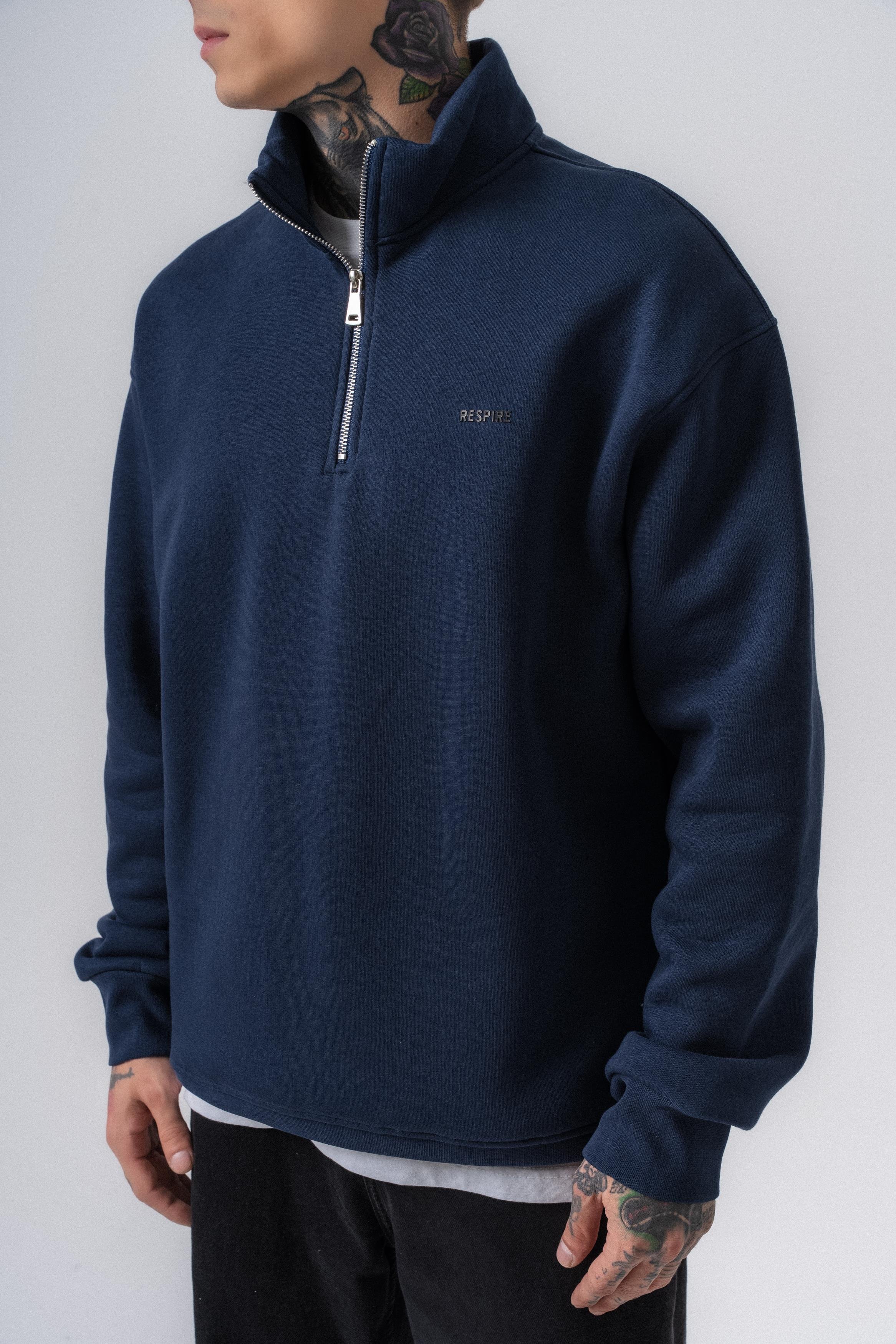 Erkek Respire Yazı Detaylı Yarım Fermuarlı Basic Sweatshirt Lacivert