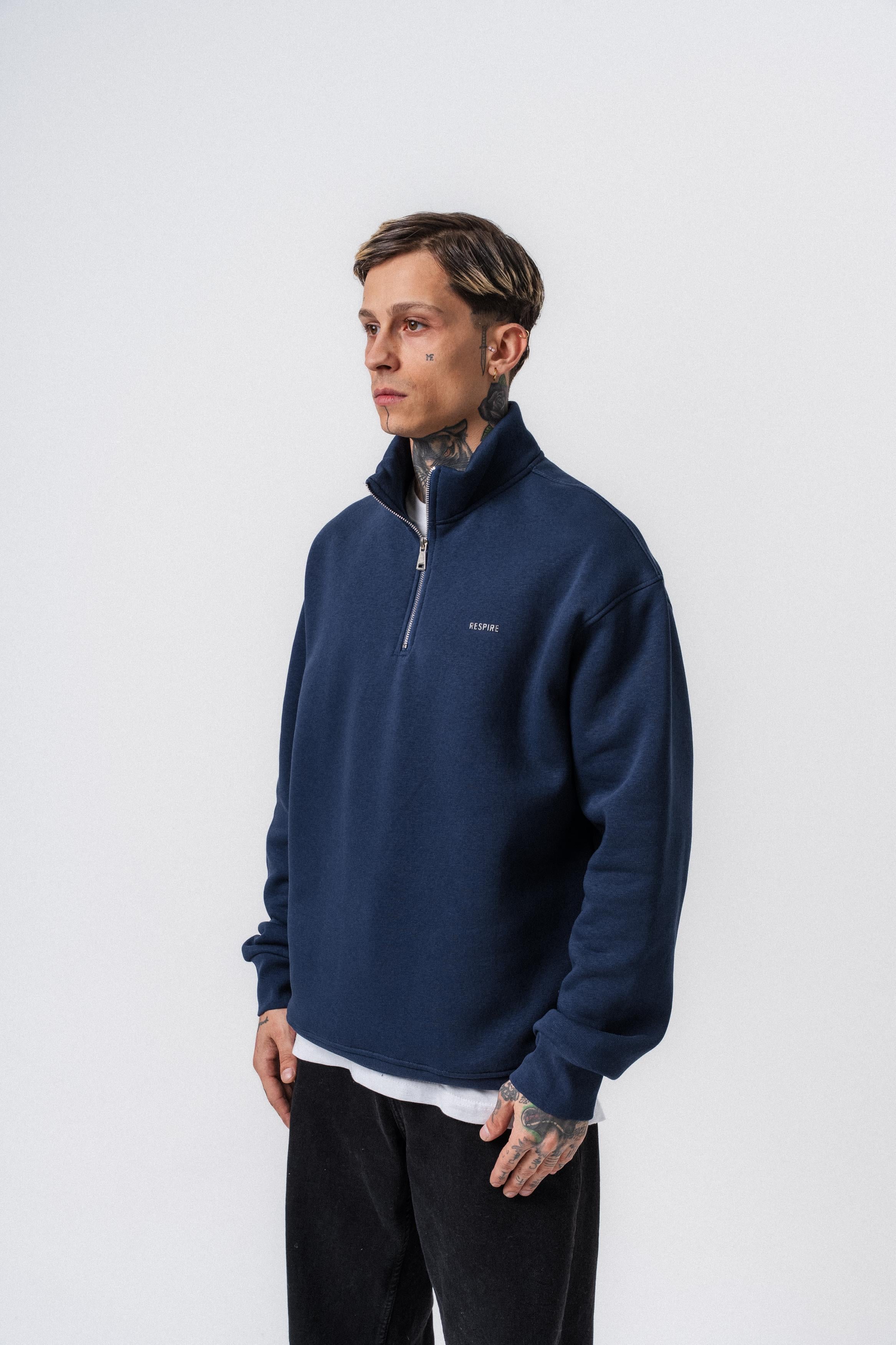 Erkek Respire Yazı Detaylı Yarım Fermuarlı Basic Sweatshirt Lacivert