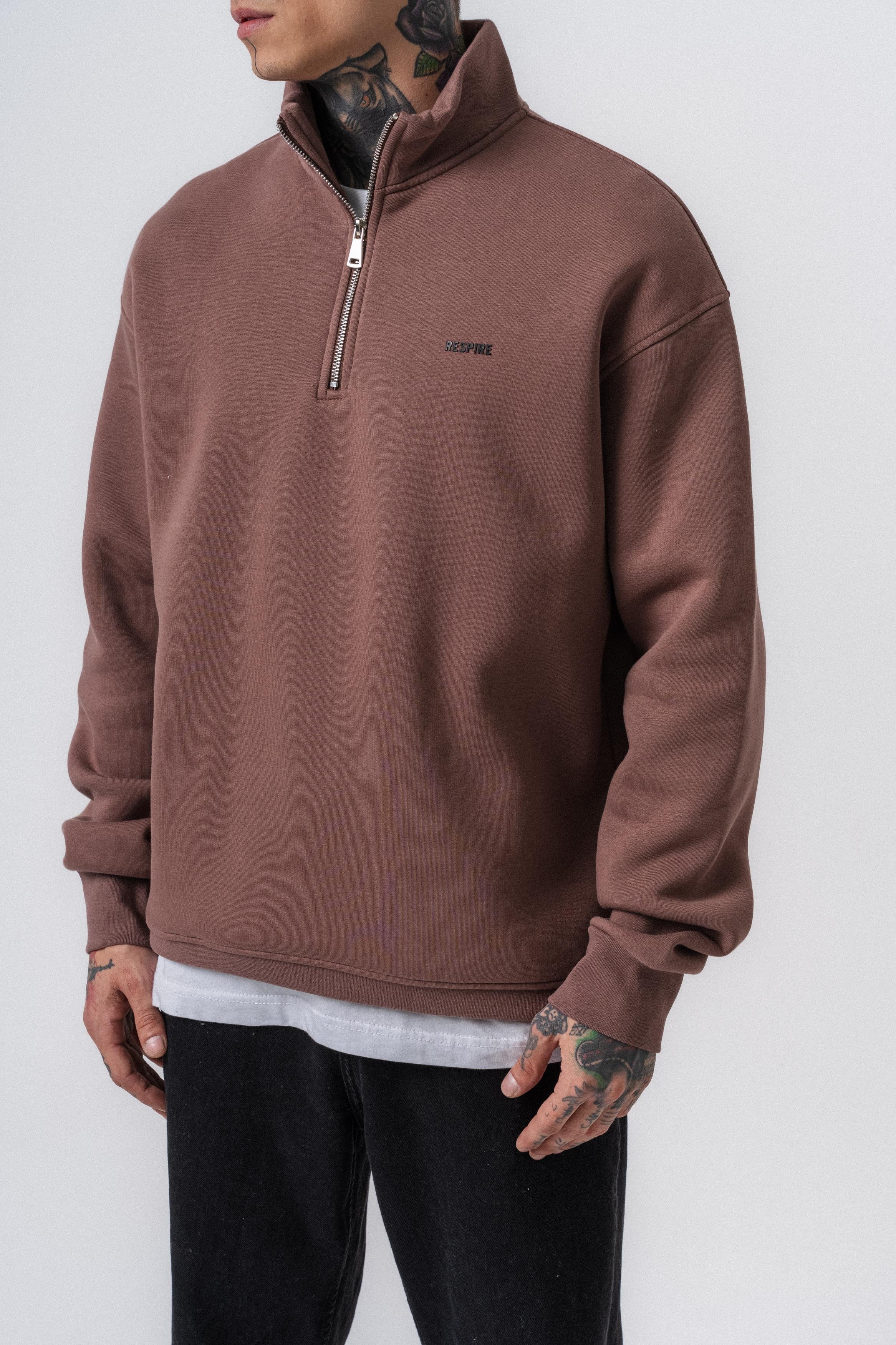 Erkek Respire Yazı Detaylı Yarım Fermuarlı Basic Sweatshirt Kakao