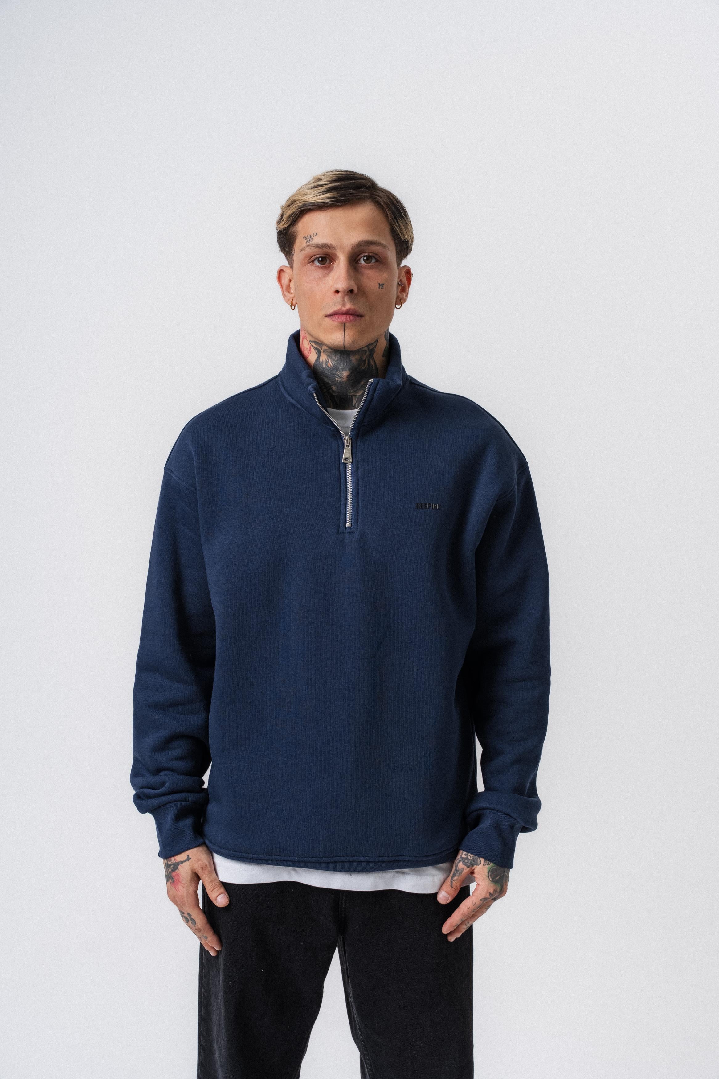 Erkek Respire Yazı Detaylı Yarım Fermuarlı Basic Sweatshirt Lacivert
