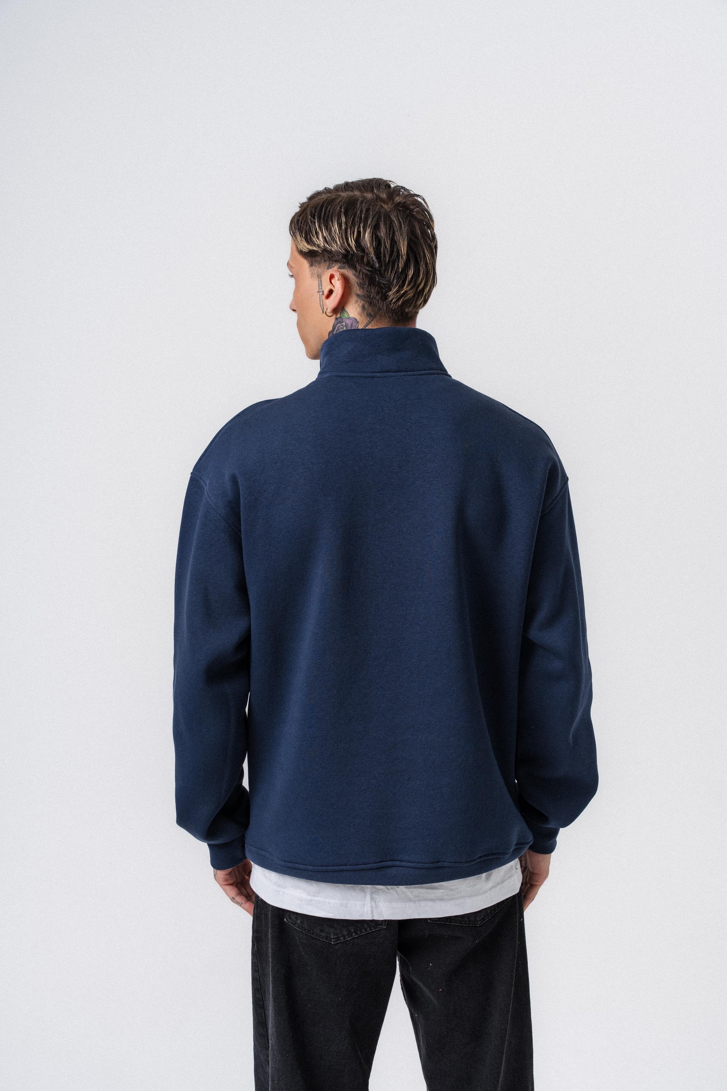 Erkek Respire Yazı Detaylı Yarım Fermuarlı Basic Sweatshirt Lacivert