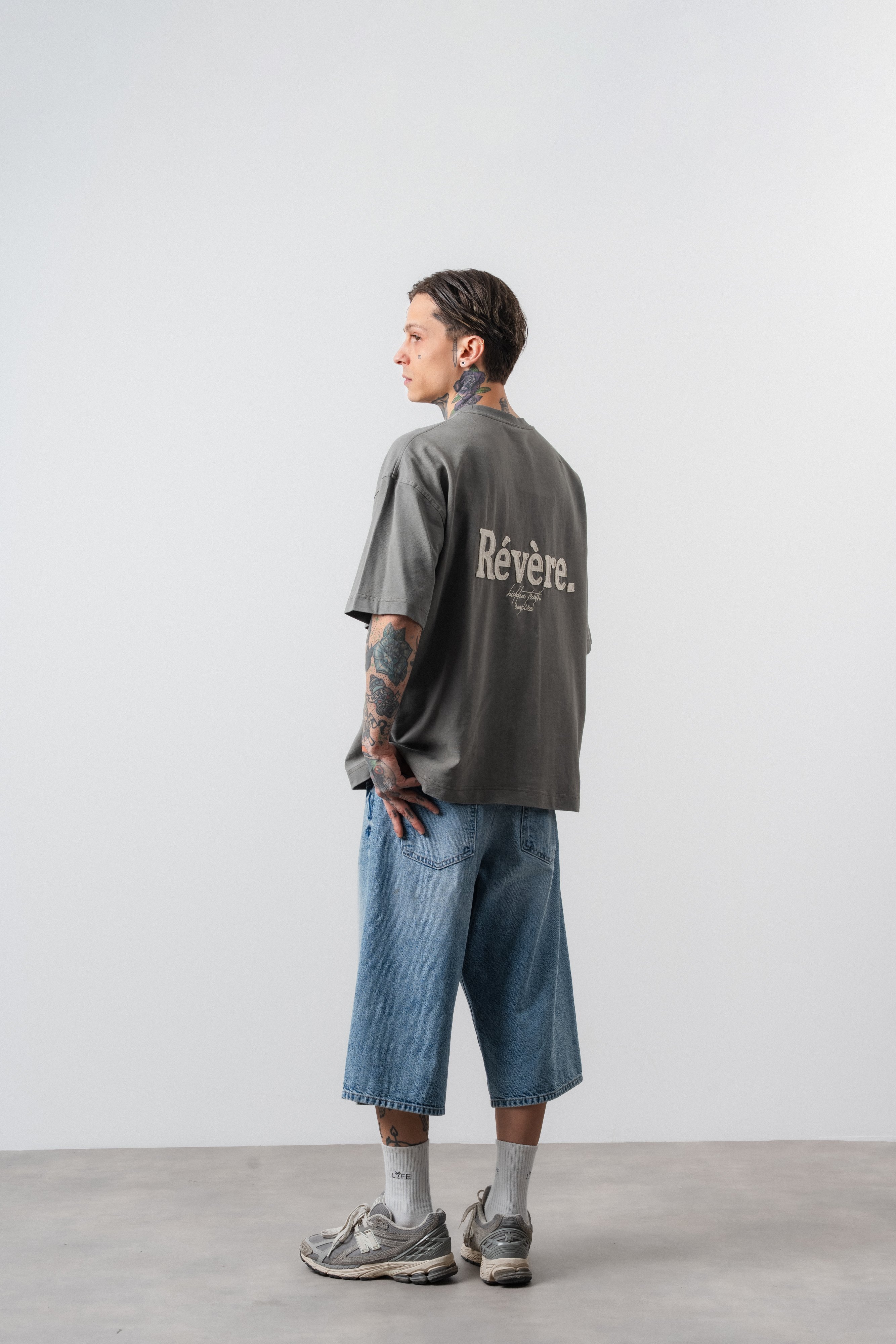 Erkek Revere Nakışlı Oversize T-Shirt Haki