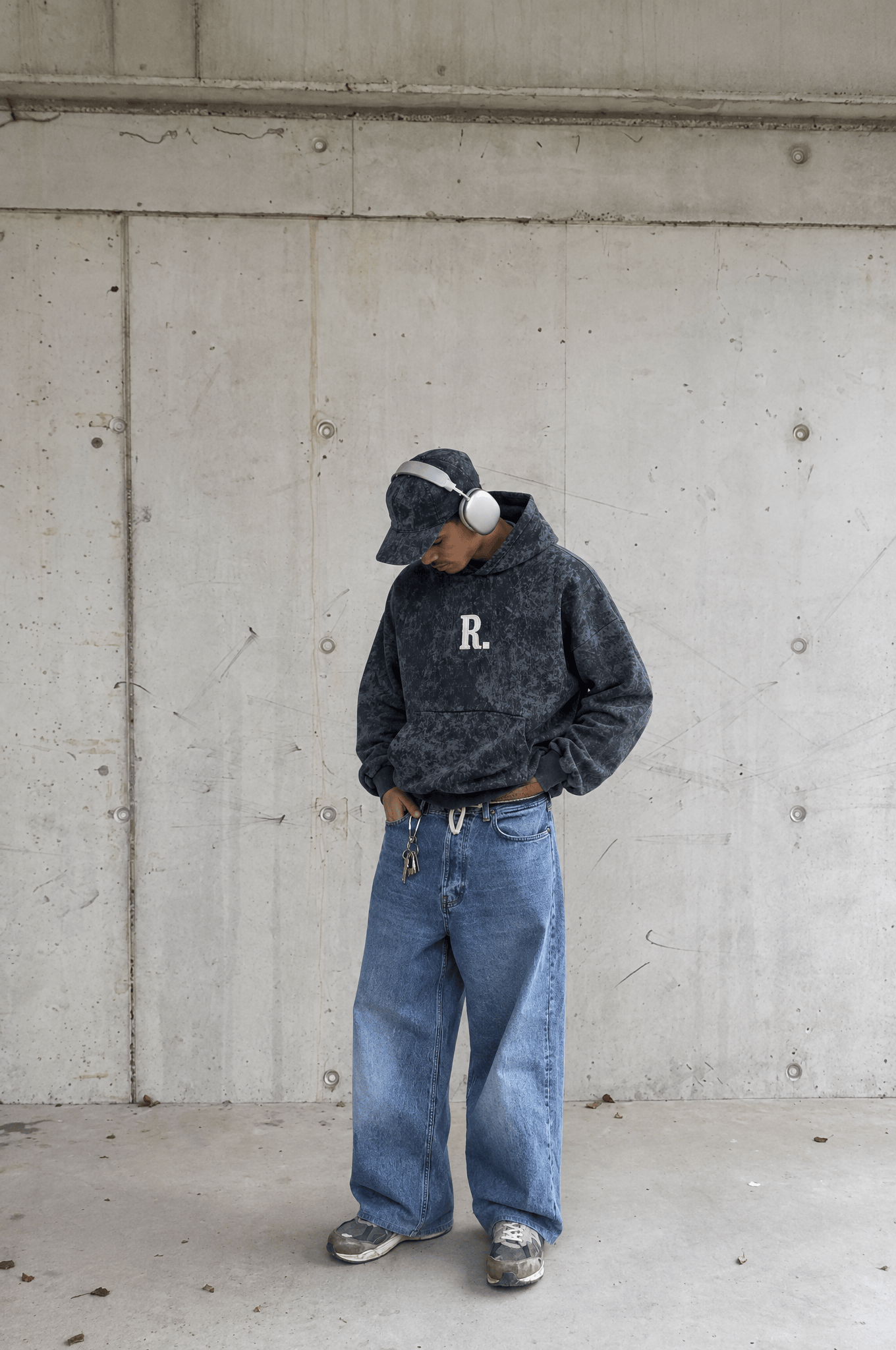 Erkek Revere Nakışlı Yıkamalı Oversize Hoodie Siyah