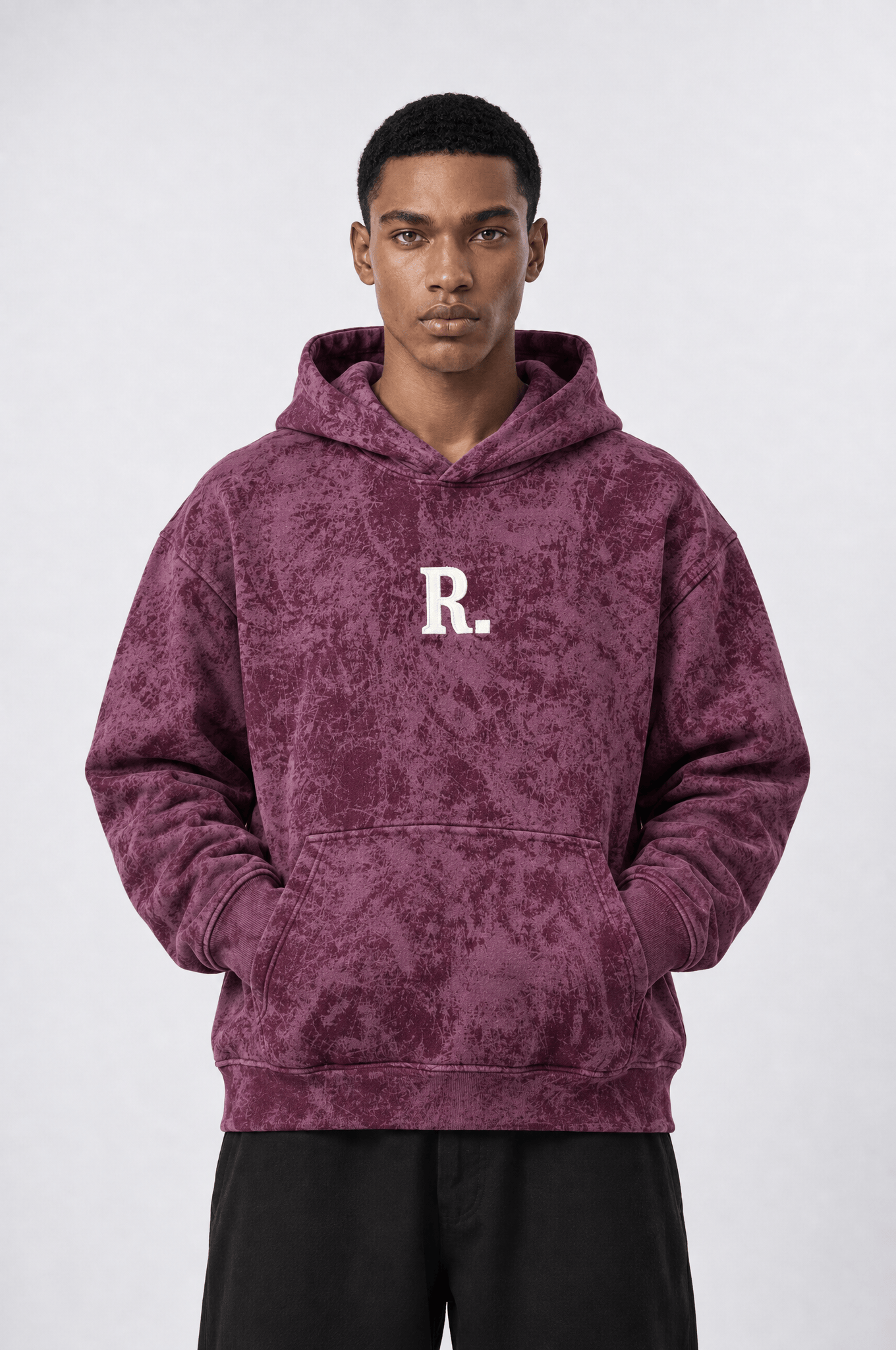 Erkek Revere Nakışlı Yıkamalı Oversize Hoodie Bordo