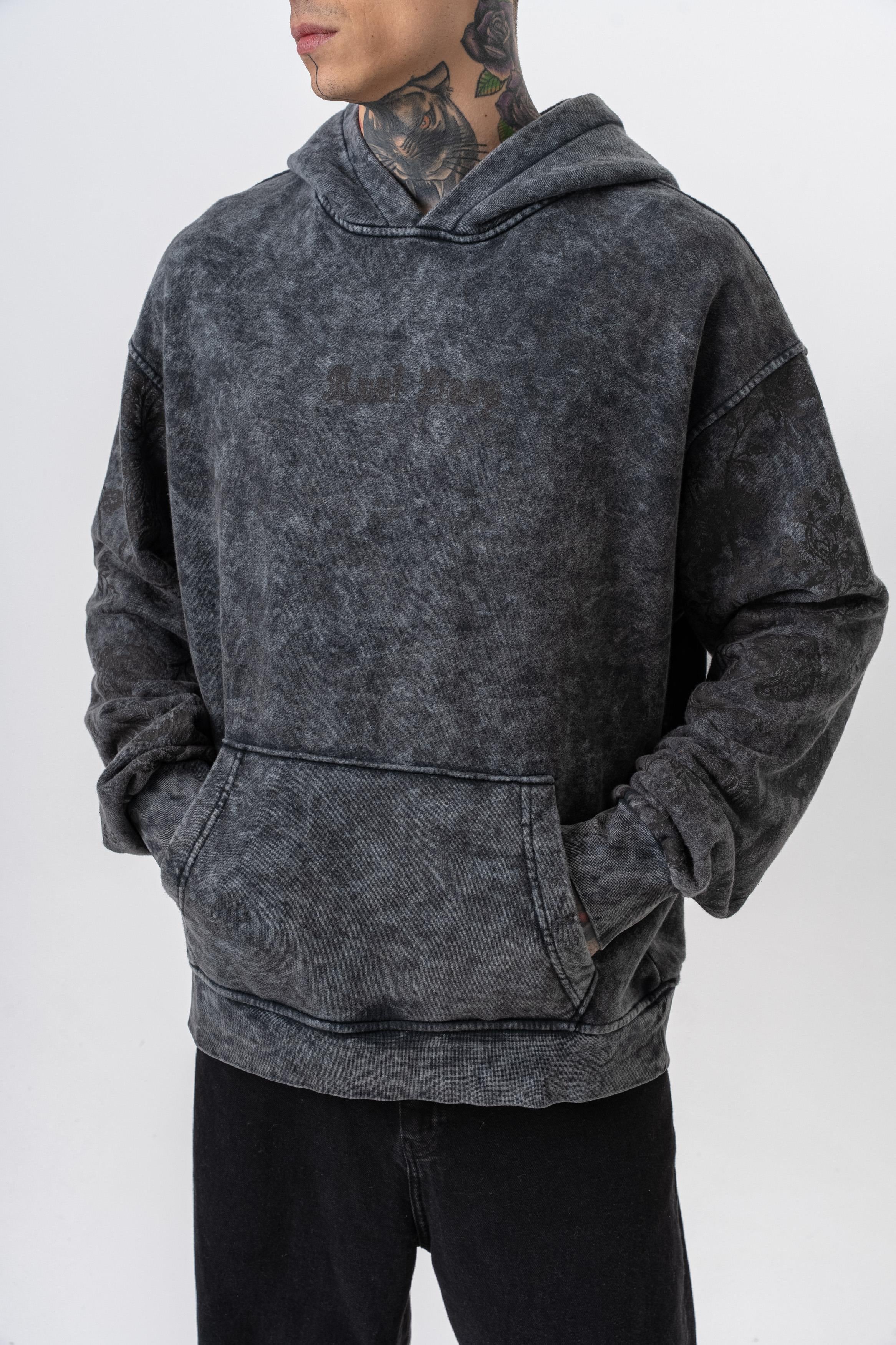 Erkek Root Deep Baskılı Yıkamalı Kapüşonlu Oversize Hoodie Siyah