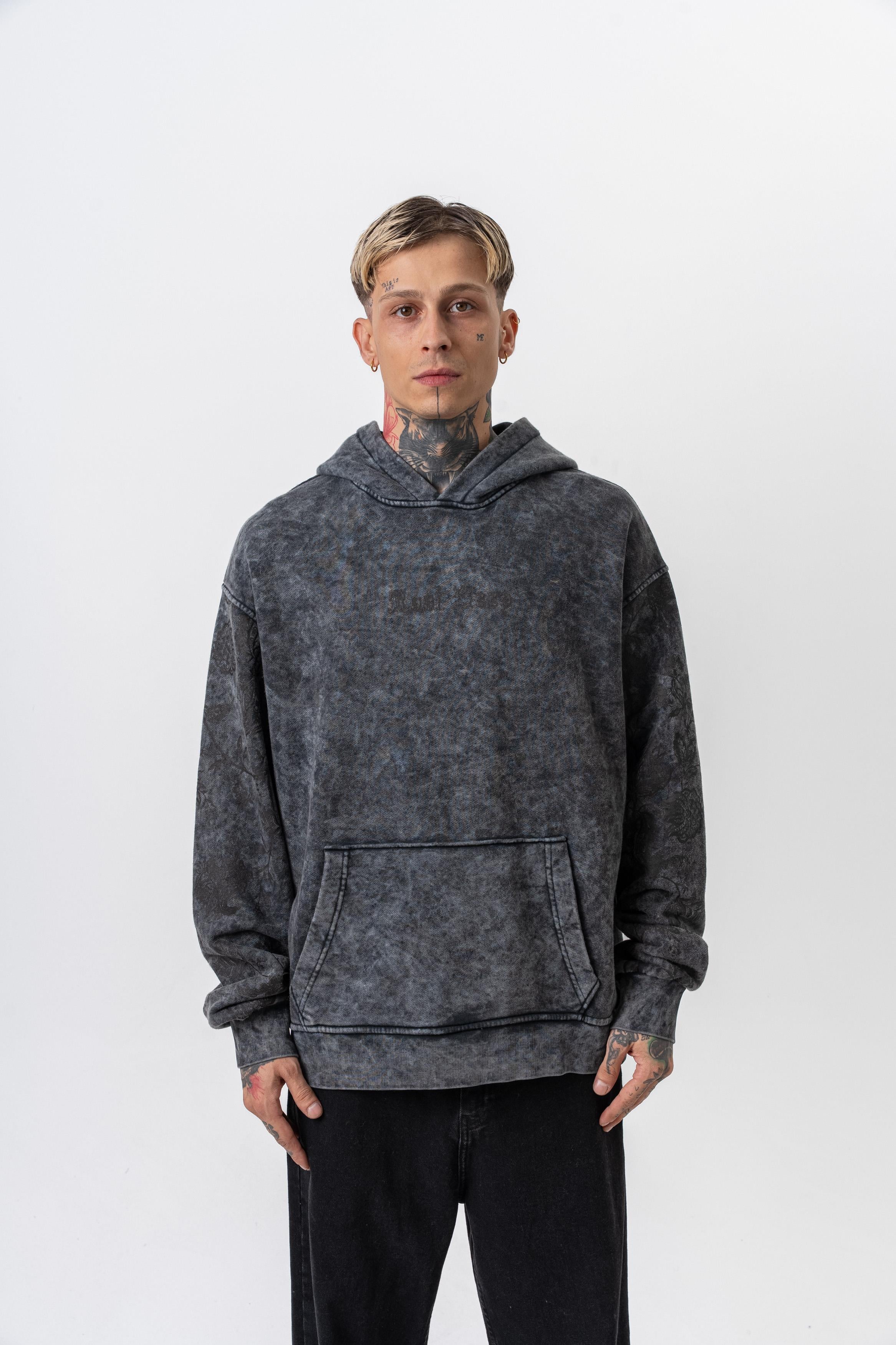 Erkek Root Deep Baskılı Yıkamalı Kapüşonlu Oversize Hoodie Siyah