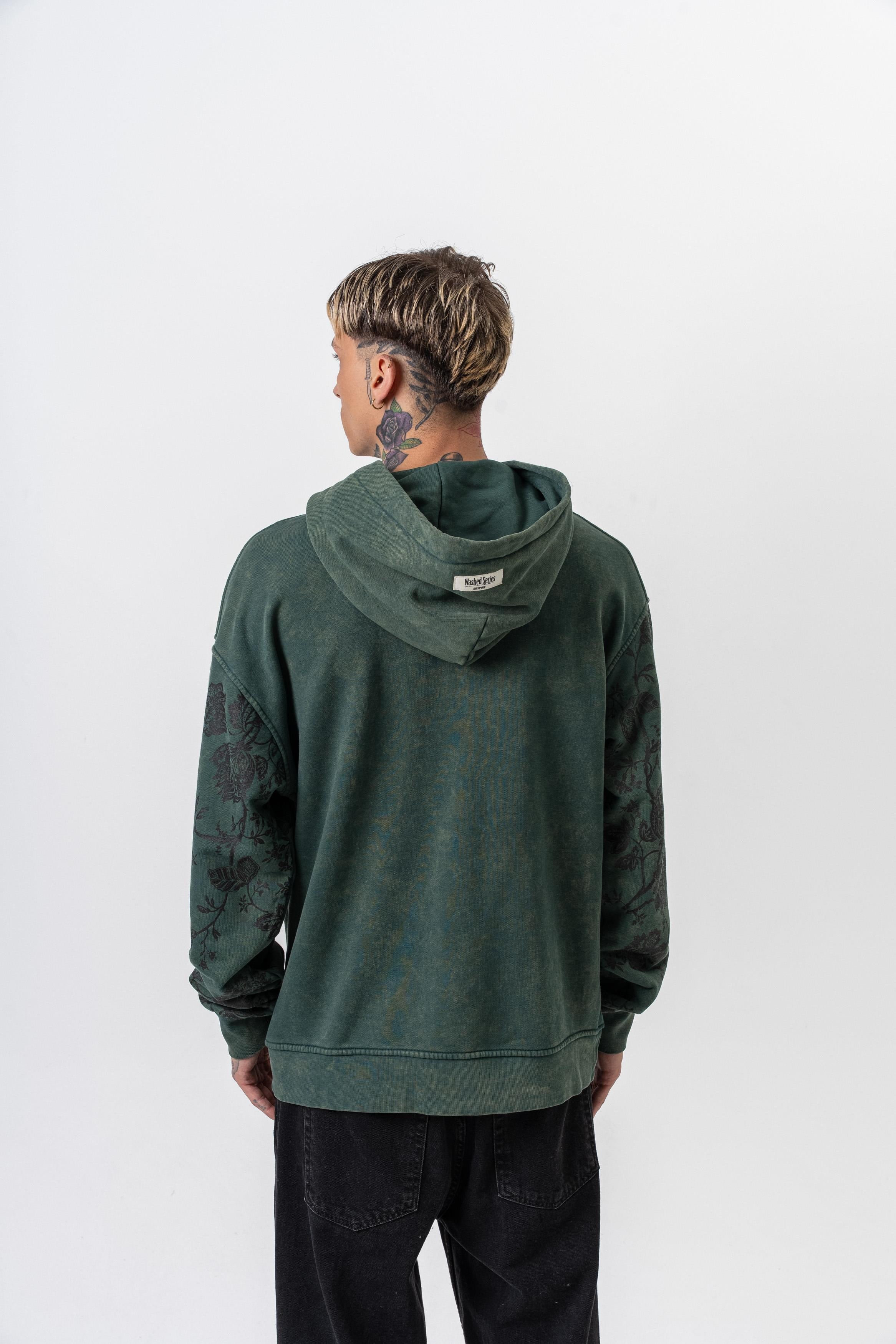 Erkek Root Deep Baskılı Yıkamalı Kapüşonlu Oversize Hoodie Yeşil