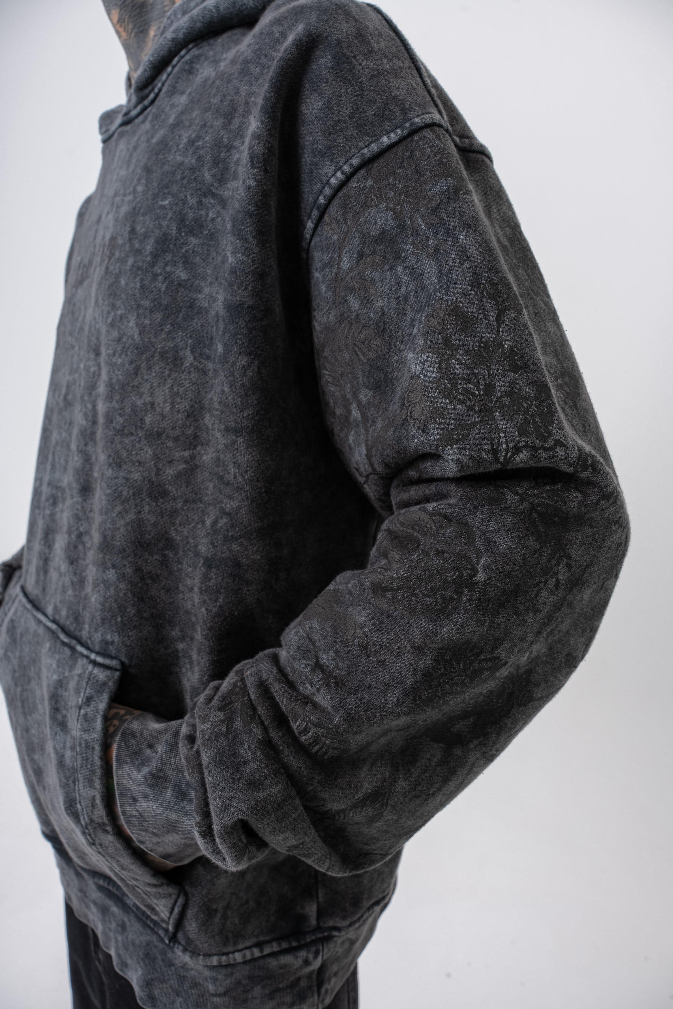 Erkek Root Deep Baskılı Yıkamalı Kapüşonlu Oversize Hoodie Siyah