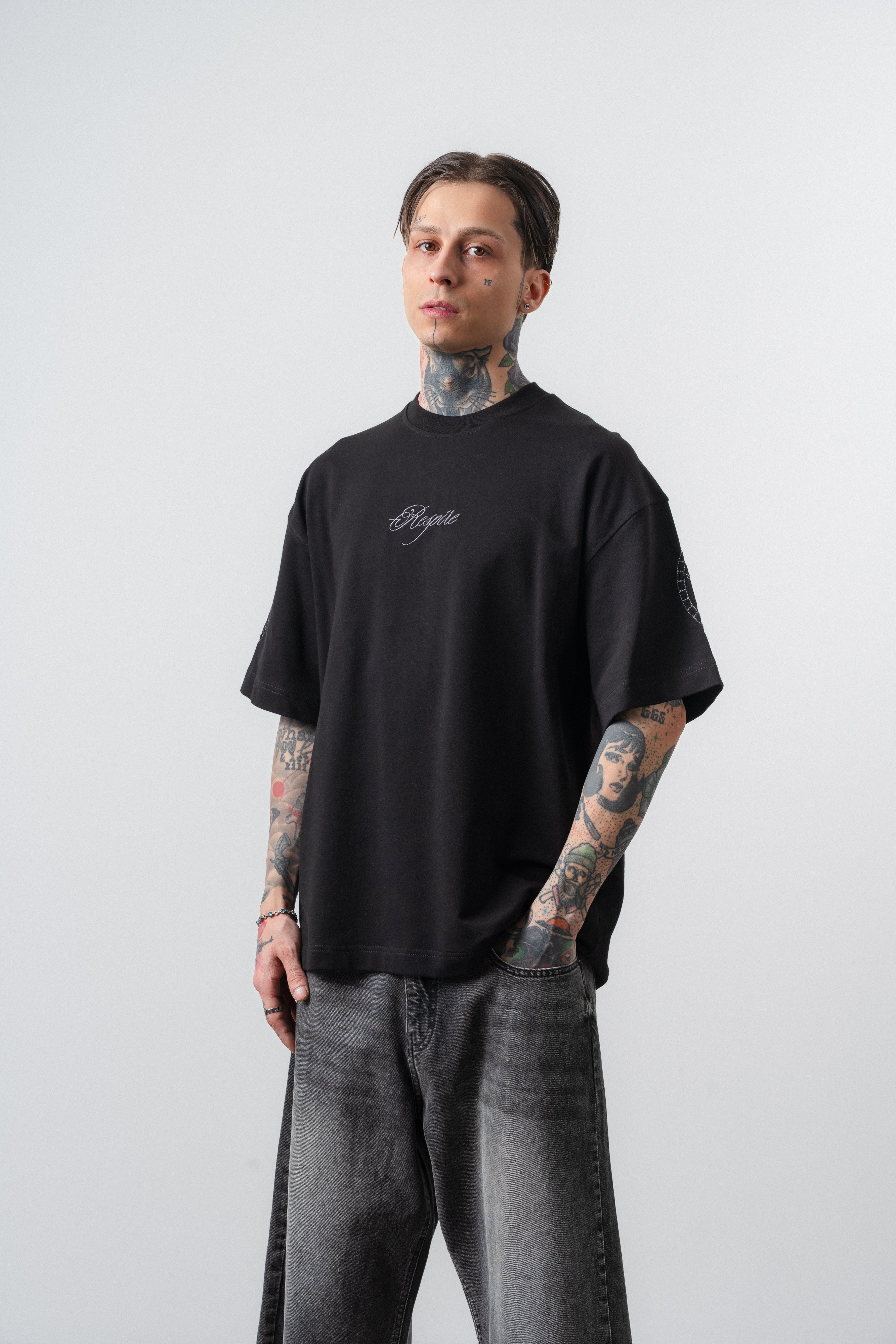 Erkek Rosette Nakış Detaylı Oversize T-Shirt Siyah