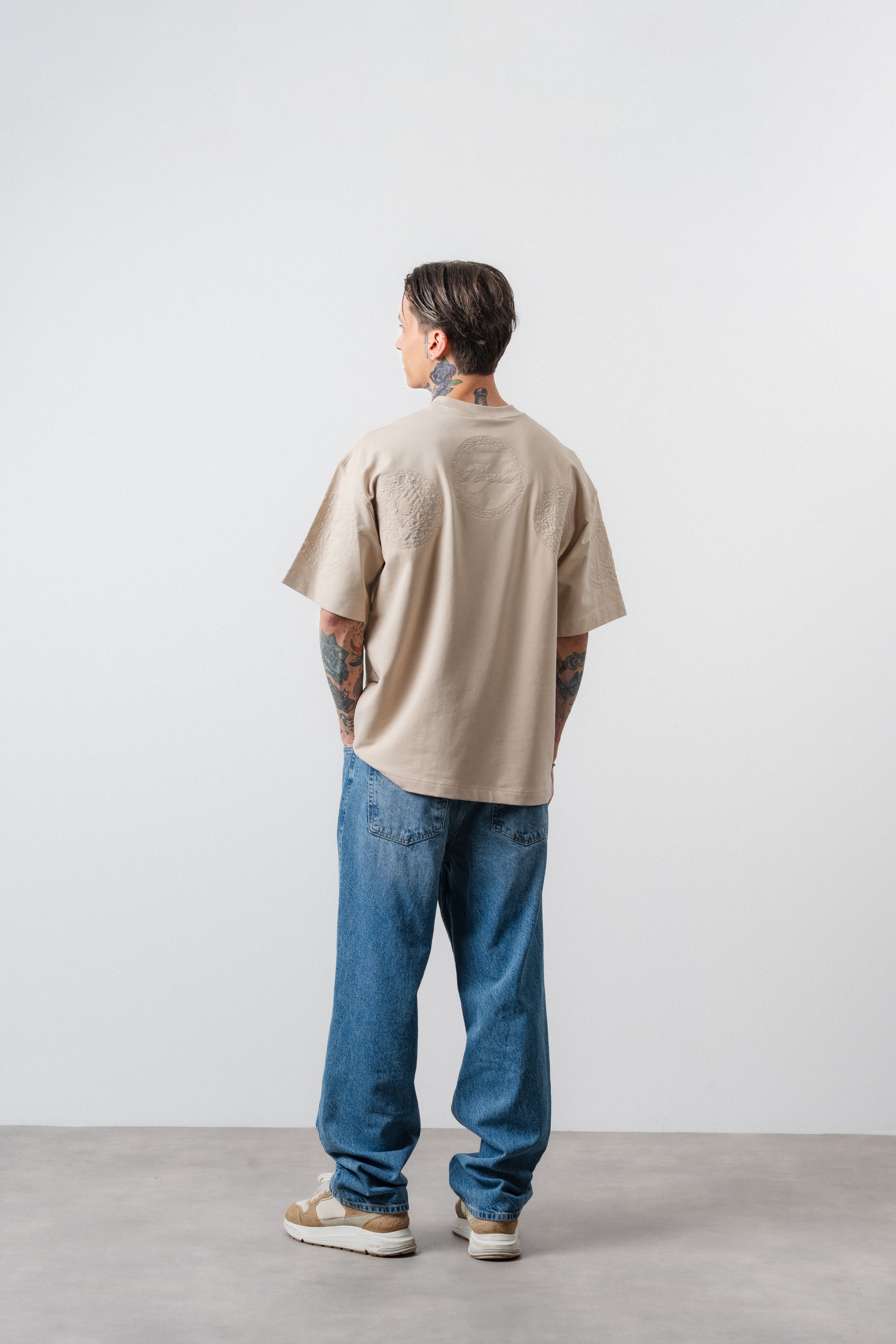 Erkek Rosette Nakış Detaylı Oversize T-Shirt Bej