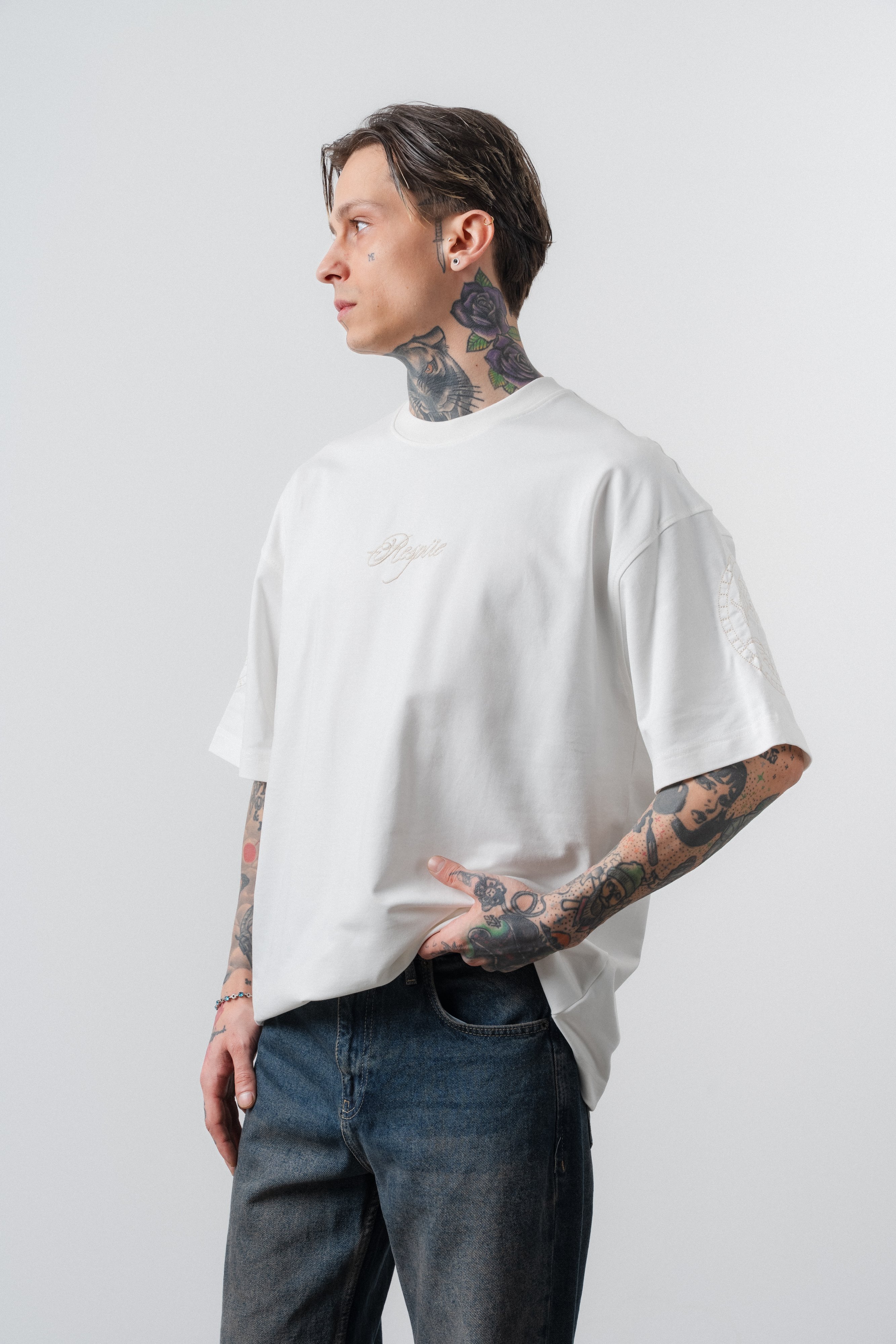 Erkek Rosette Nakış Detaylı Oversize T-Shirt Ekru