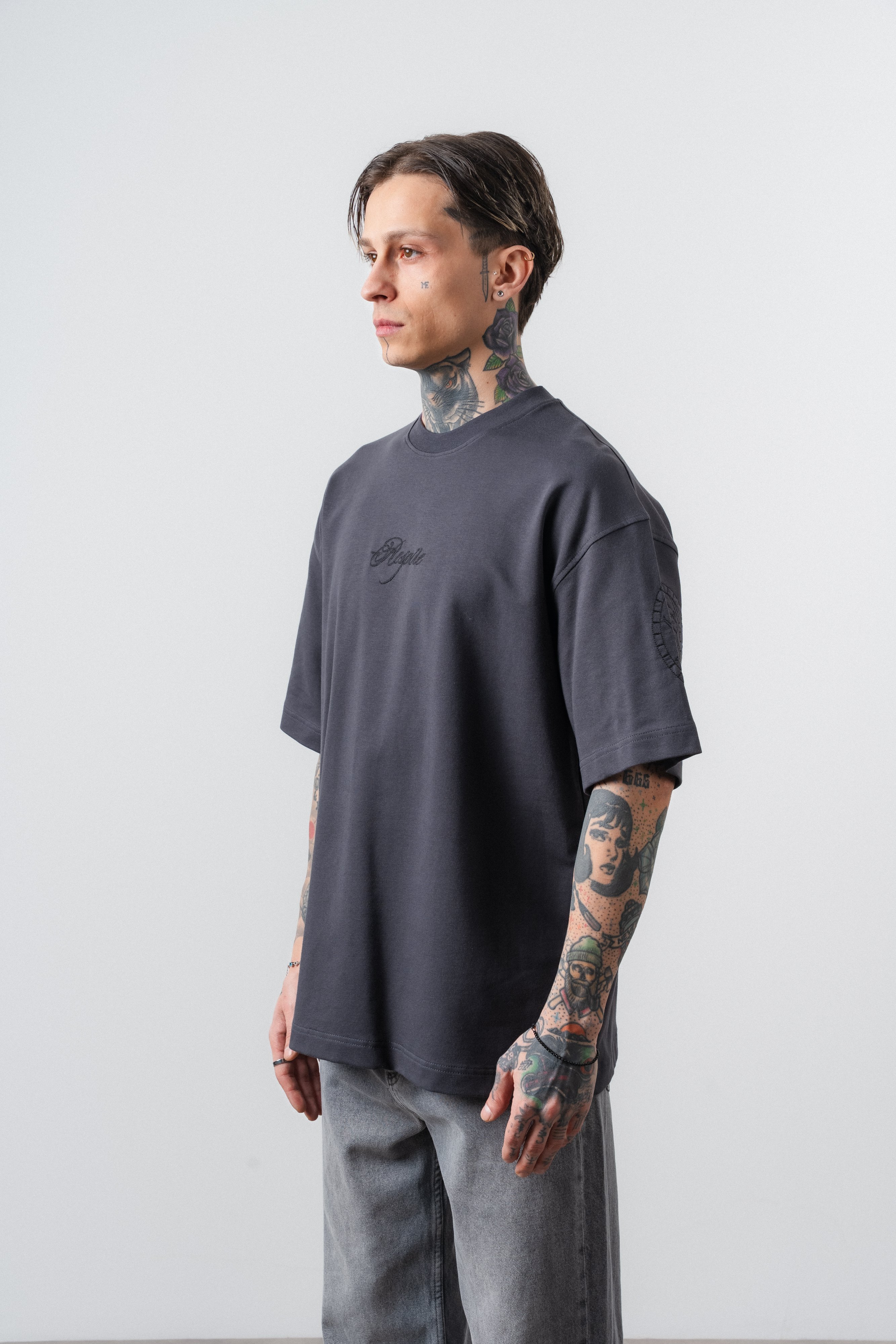 Erkek Rosette Nakış Detaylı Oversize T-Shirt Füme