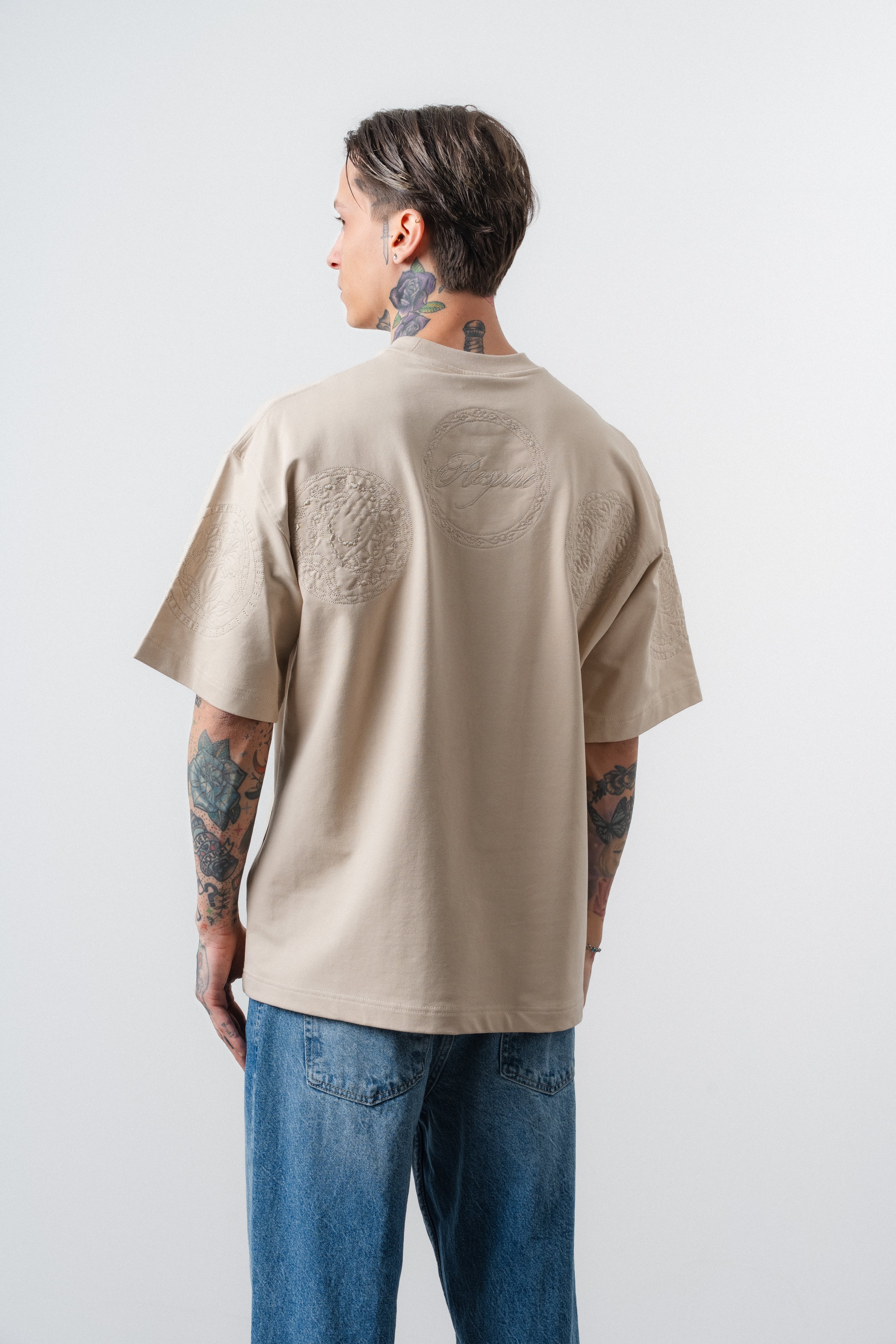 Erkek Rosette Nakış Detaylı Oversize T-Shirt Bej