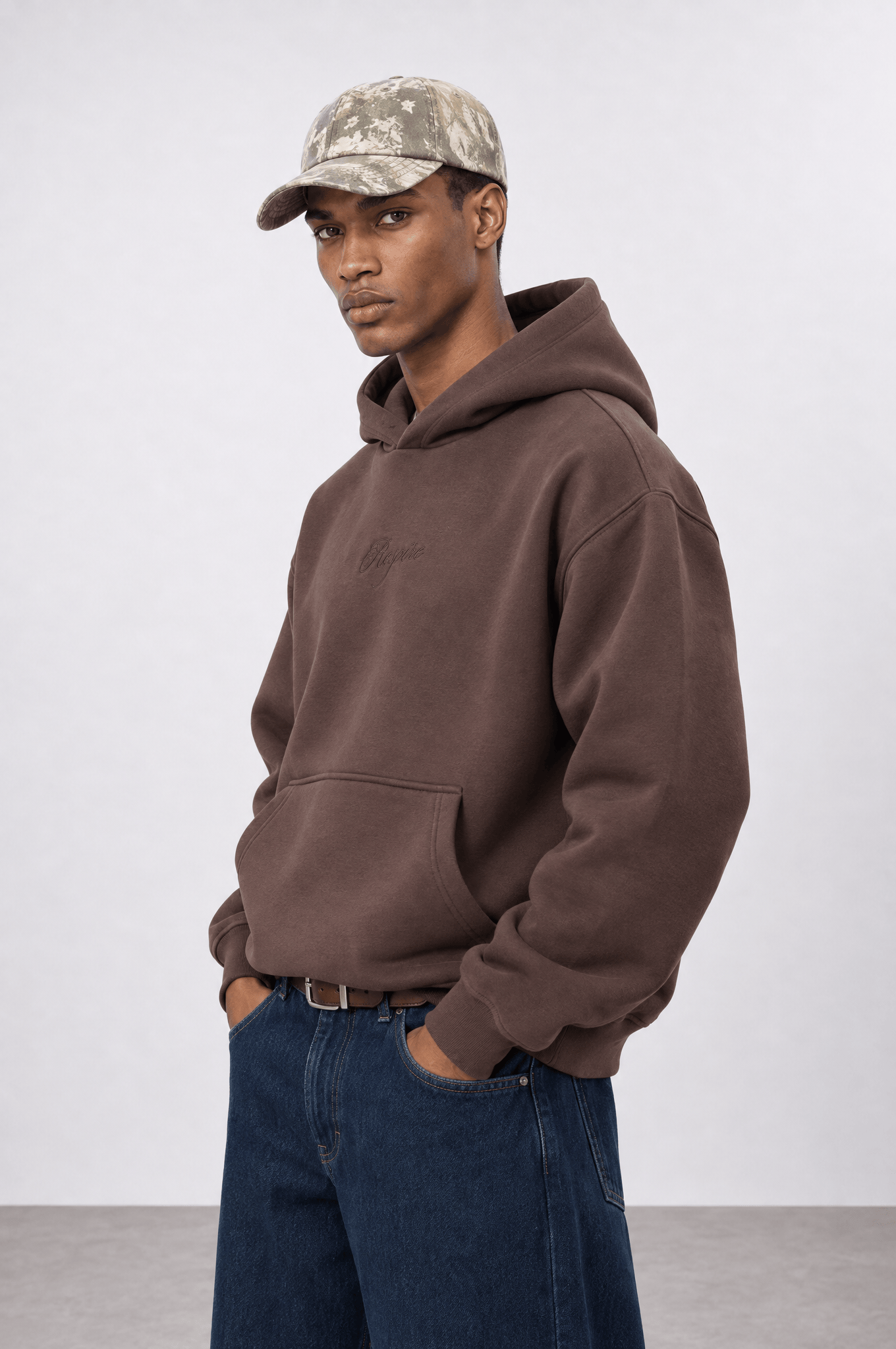 Erkek Rosette Nakışlı Oversize Hoodie Kahve
