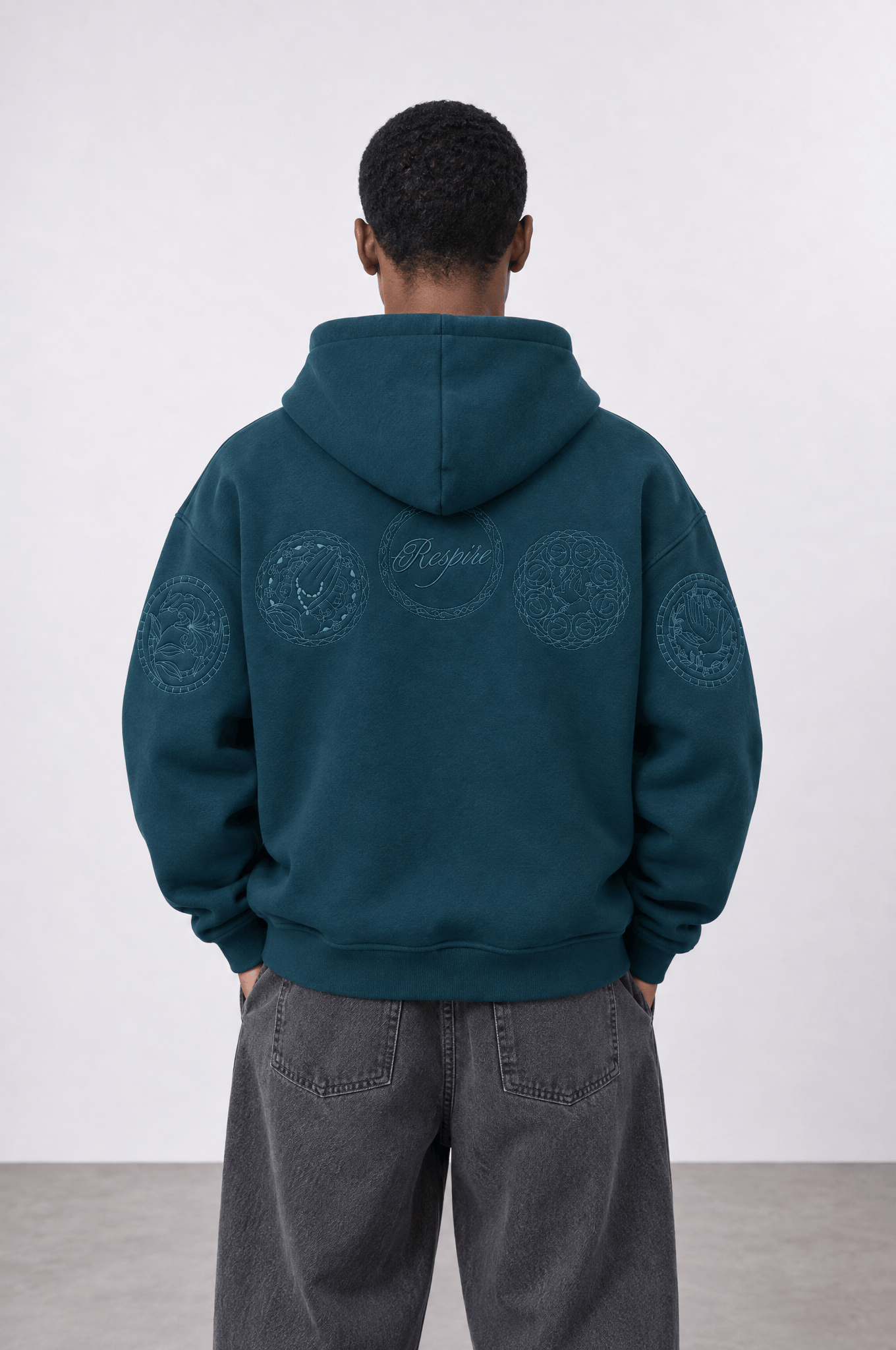 Erkek Rosette Nakışlı Oversize Hoodie Zümrüt