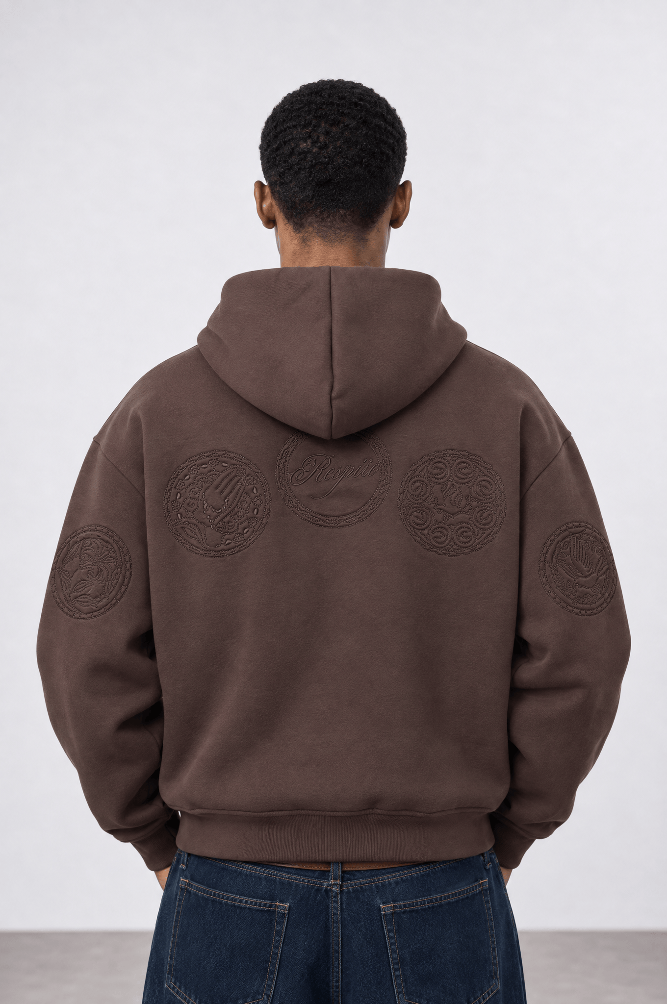 Erkek Rosette Nakışlı Oversize Hoodie Kahve