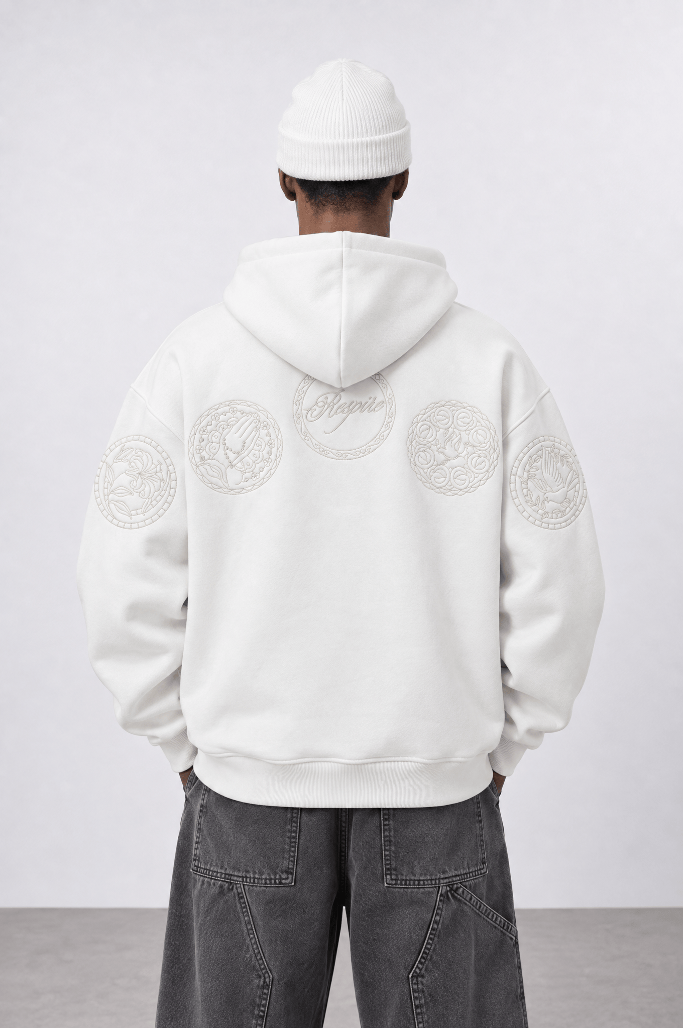 Erkek Rosette Nakışlı Oversize Hoodie Ekru