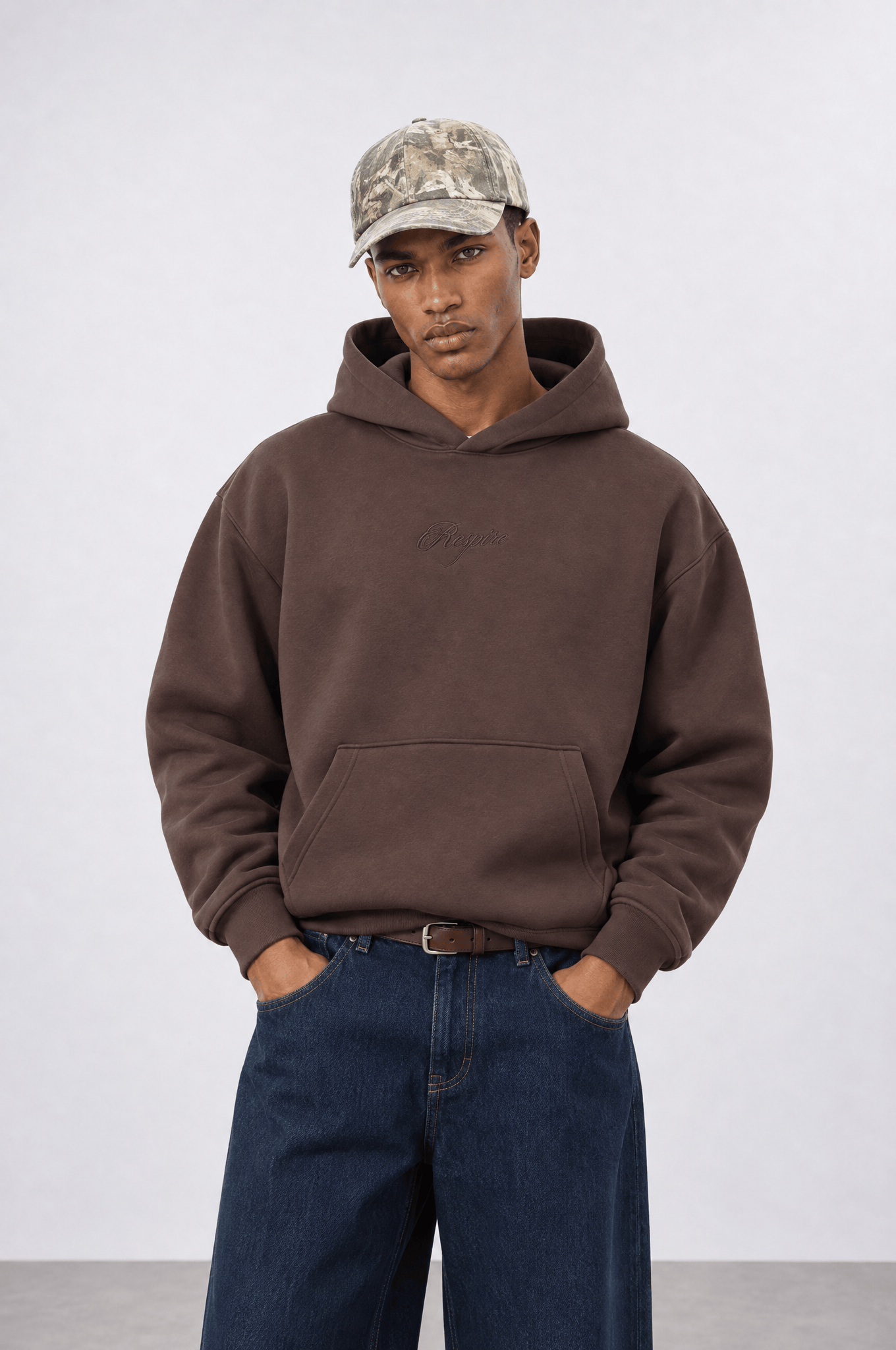 Erkek Rosette Nakışlı Oversize Hoodie Kahve