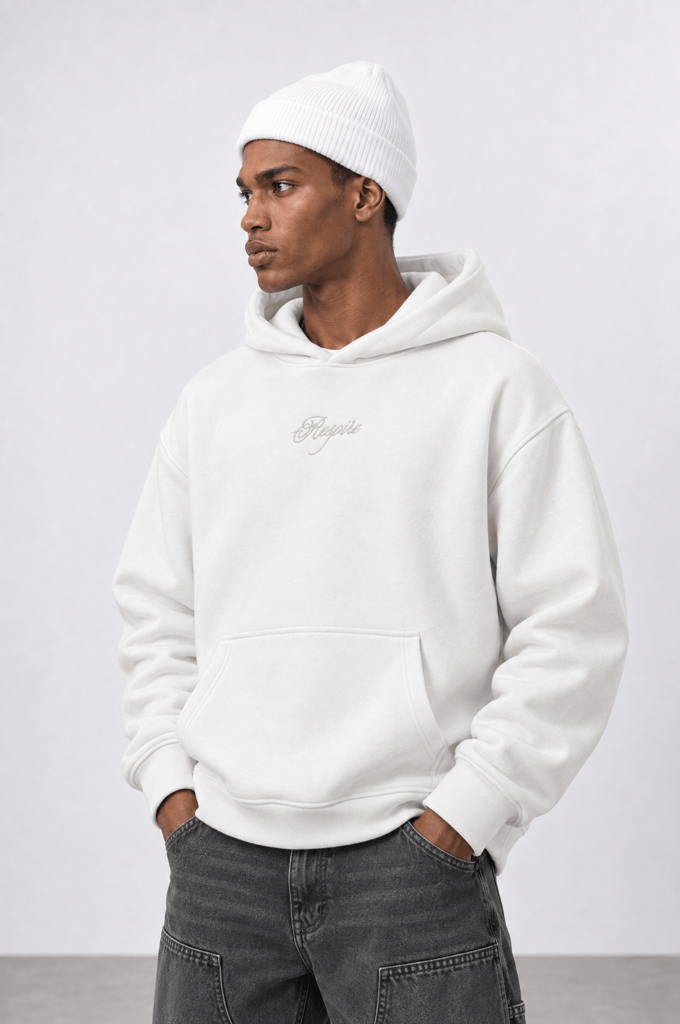 Erkek Rosette Nakışlı Oversize Hoodie Ekru