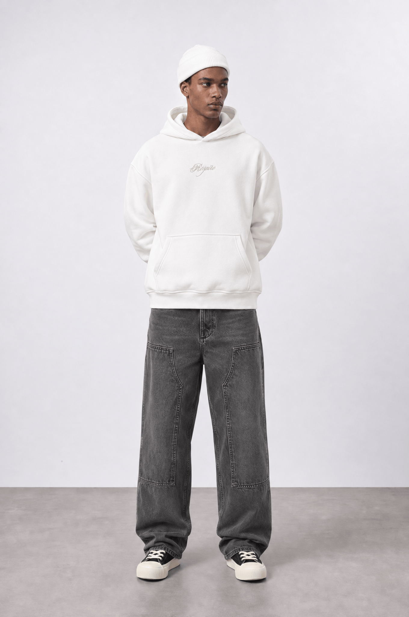 Erkek Rosette Nakışlı Oversize Hoodie Ekru