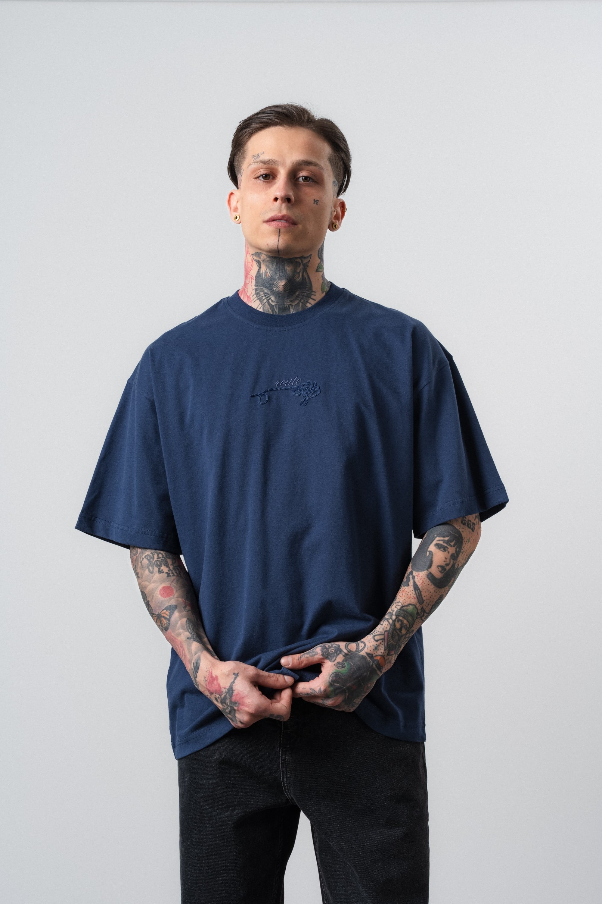 Erkek Route Nakışlı Oversize T-Shirt Lacivert