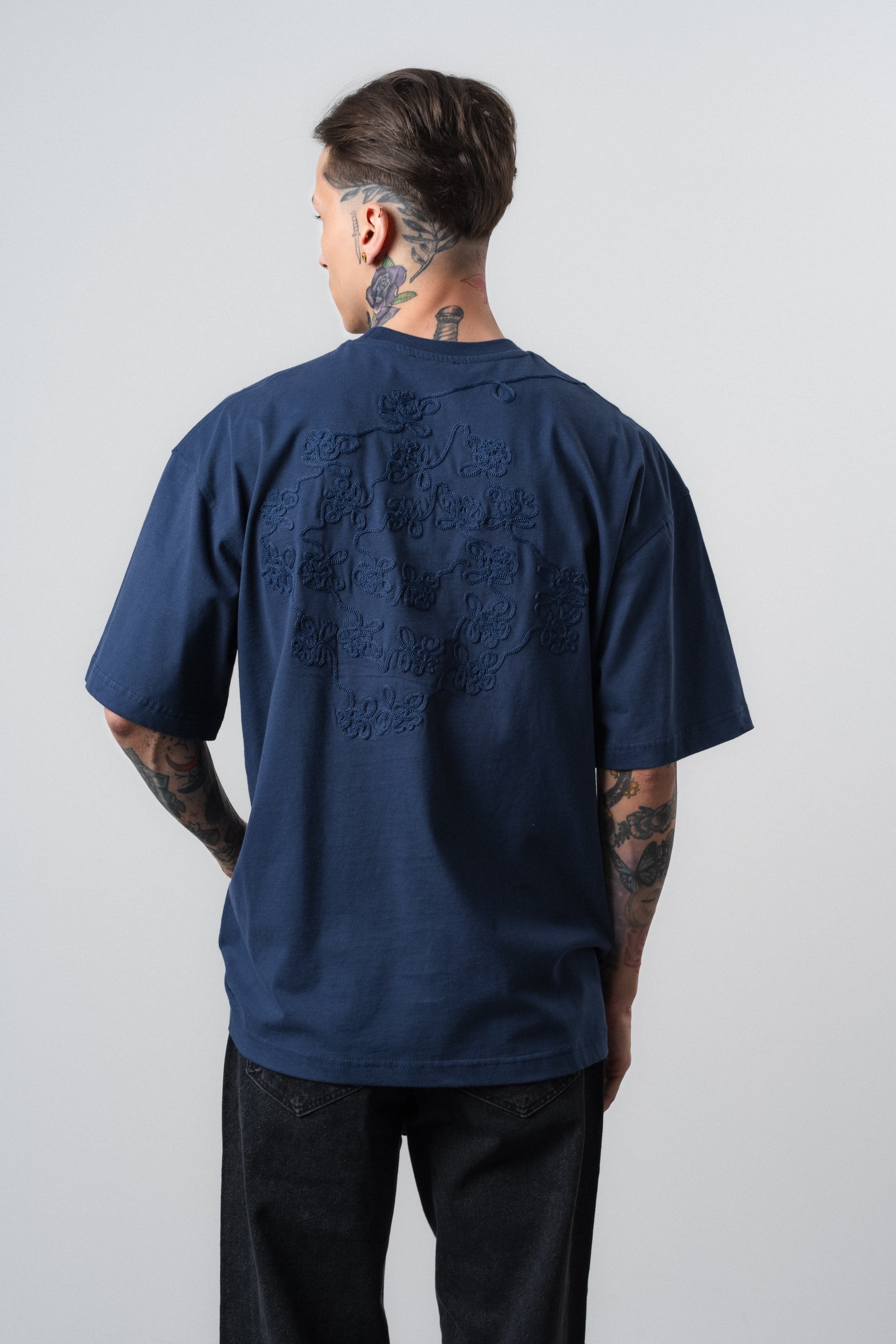 Erkek Route Nakışlı Oversize T-Shirt Lacivert