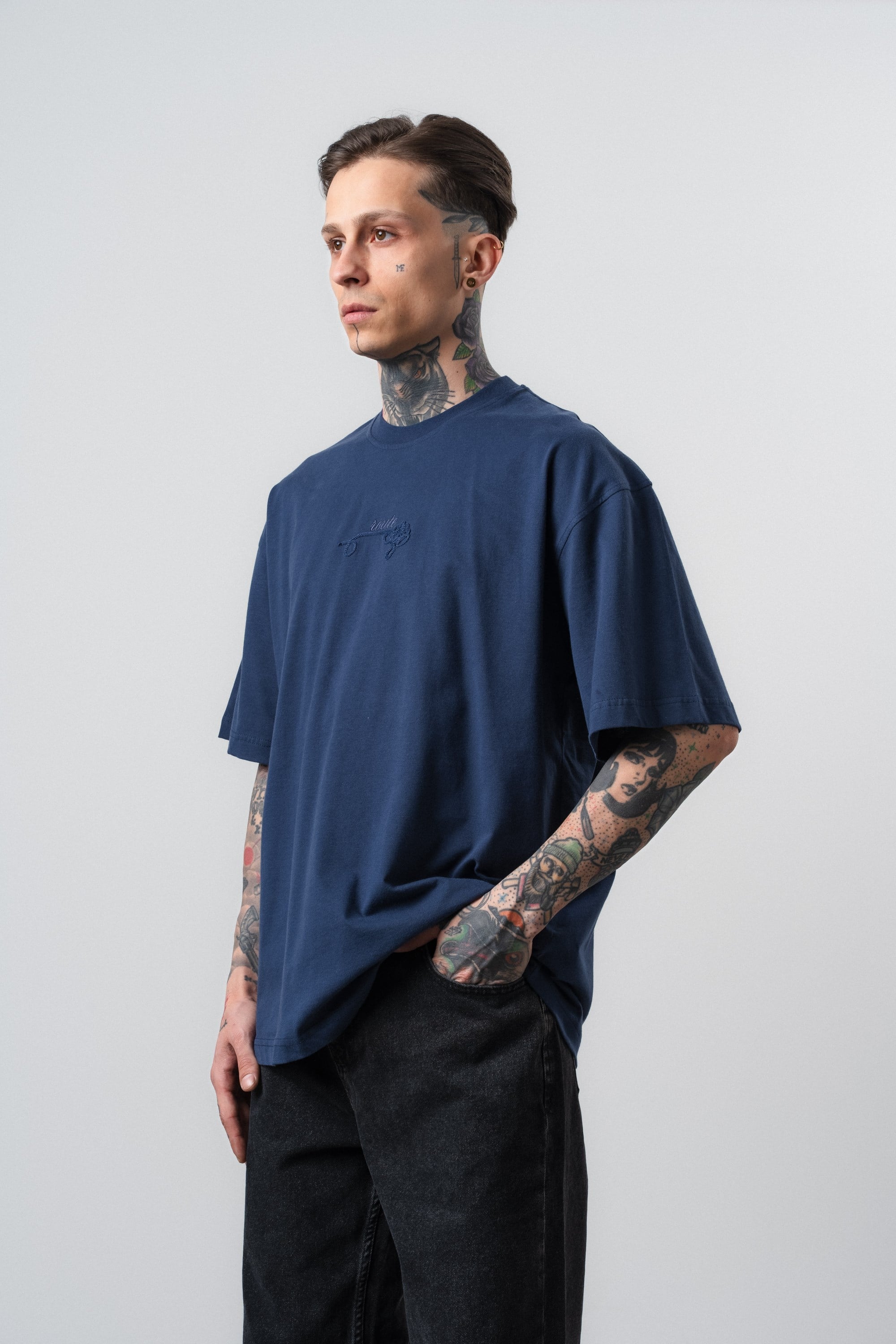 Erkek Route Nakışlı Oversize T-Shirt Lacivert