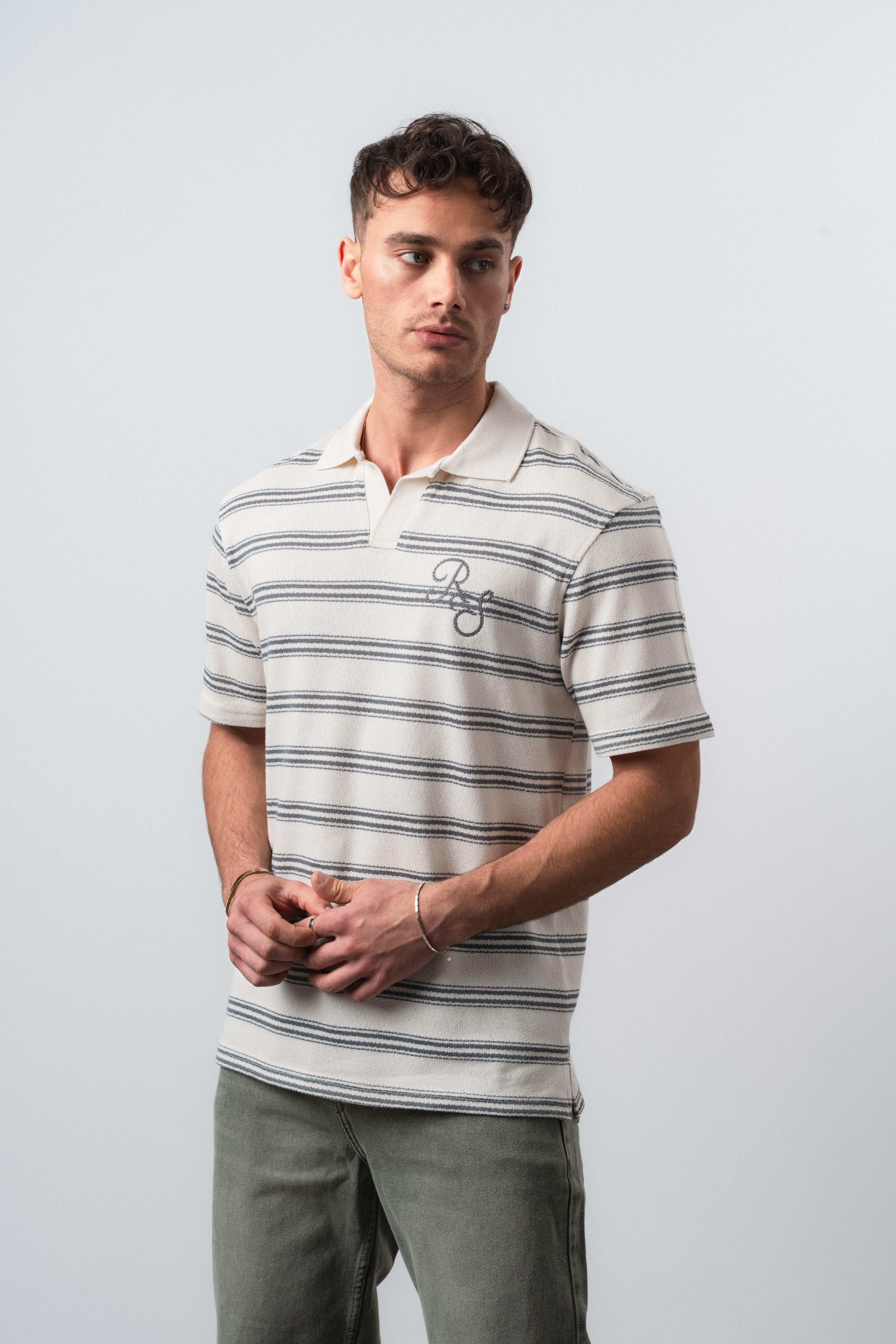 Erkek RS Nakışlı Çizgili Polo Yaka Regular Fit T-Shirt Füme