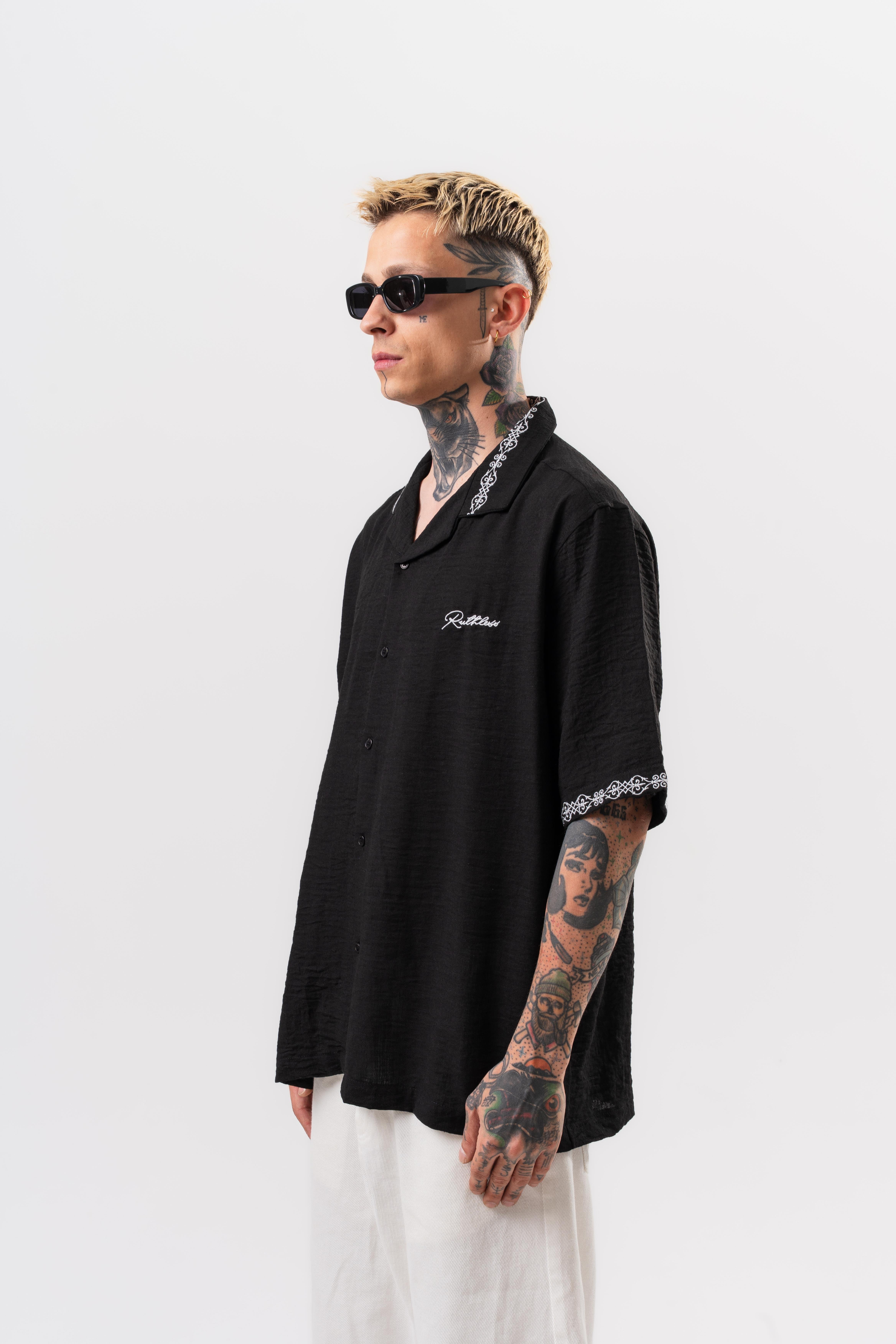 Erkek Ruthless Nakışlı Oversize Gömlek Siyah