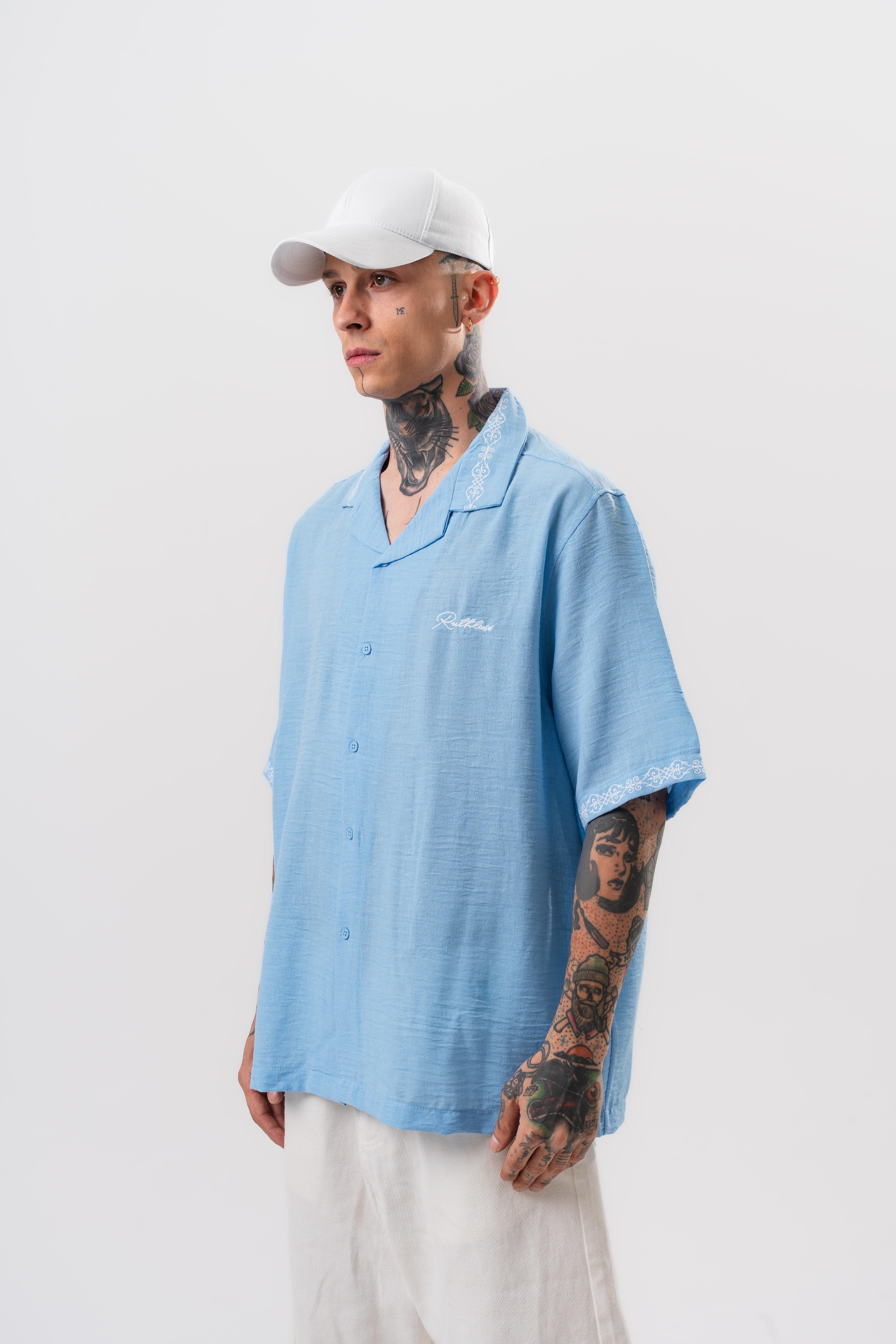 Erkek Ruthless Nakışlı Oversize Gömlek Bebe Mavi