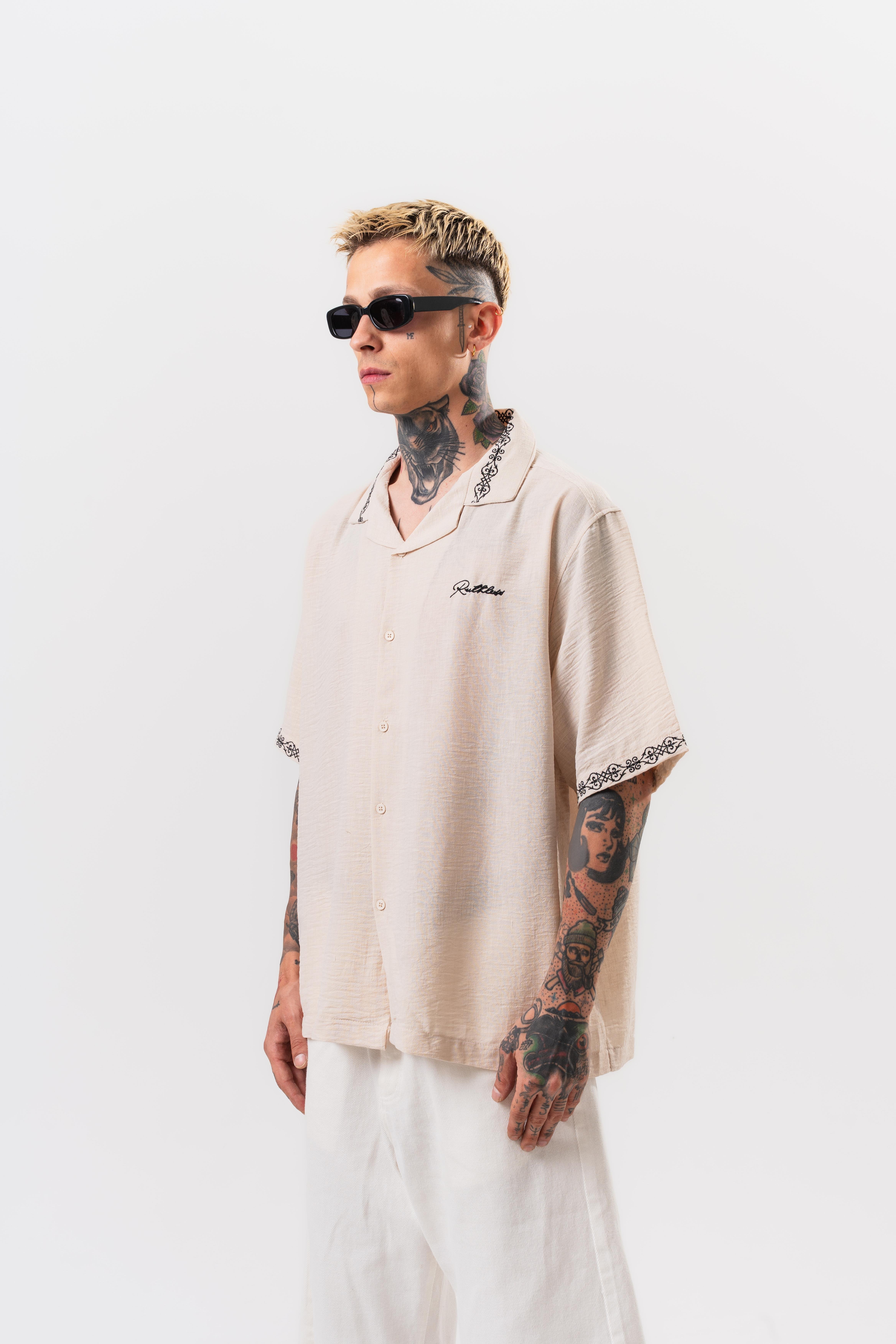 Erkek Ruthless Nakışlı Oversize Gömlek Bej