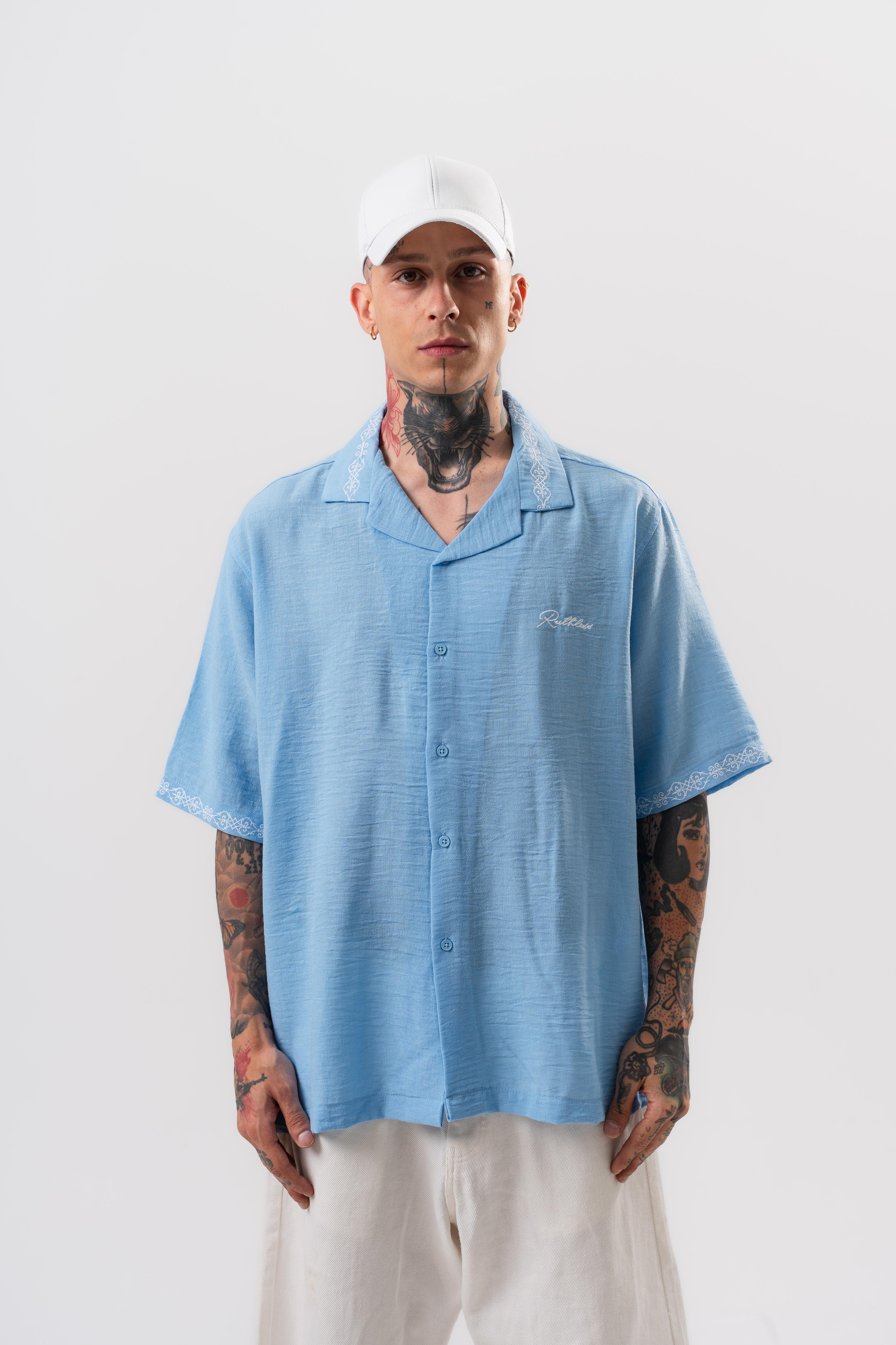 Erkek Ruthless Nakışlı Oversize Gömlek Bebe Mavi