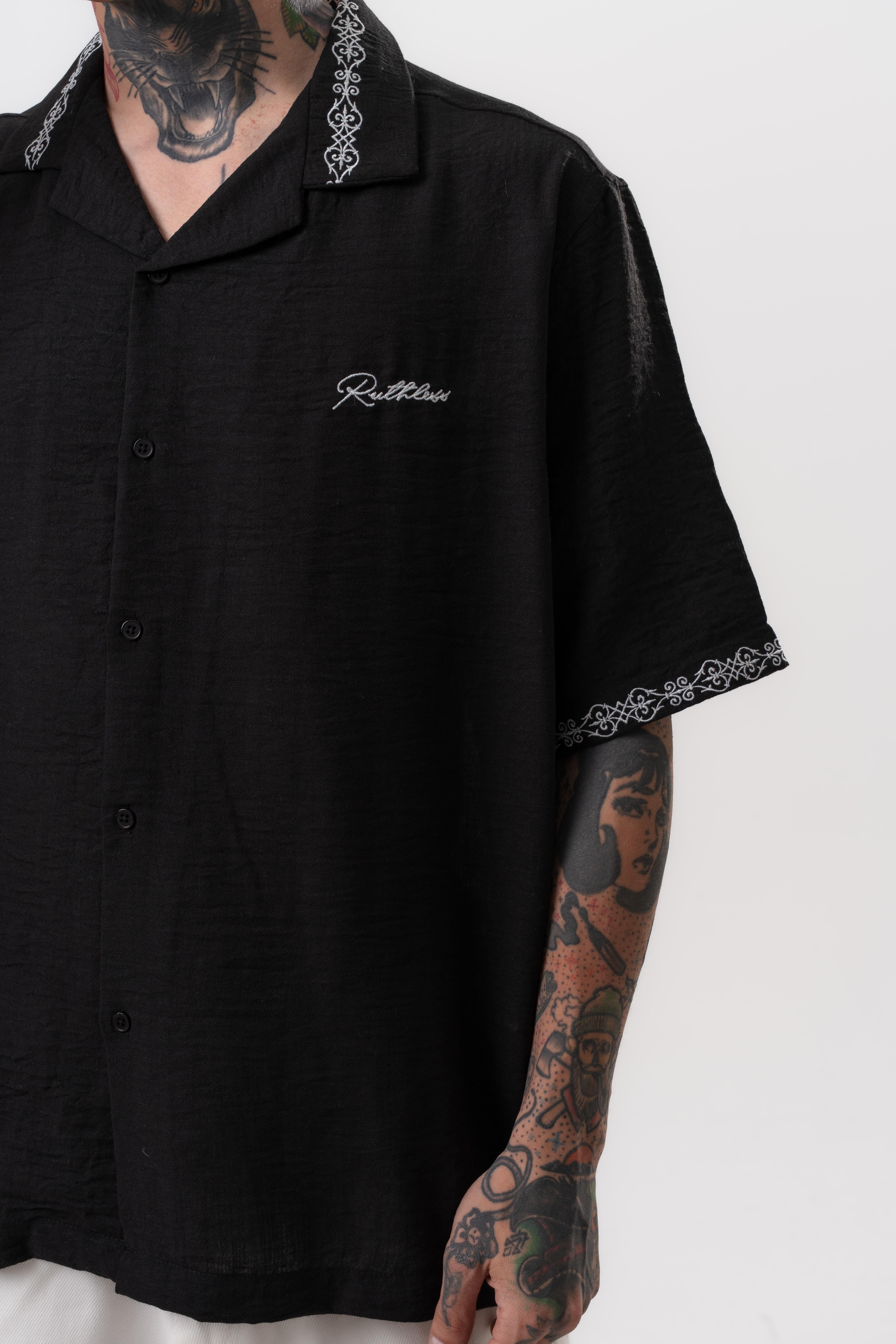 Erkek Ruthless Nakışlı Oversize Gömlek Siyah