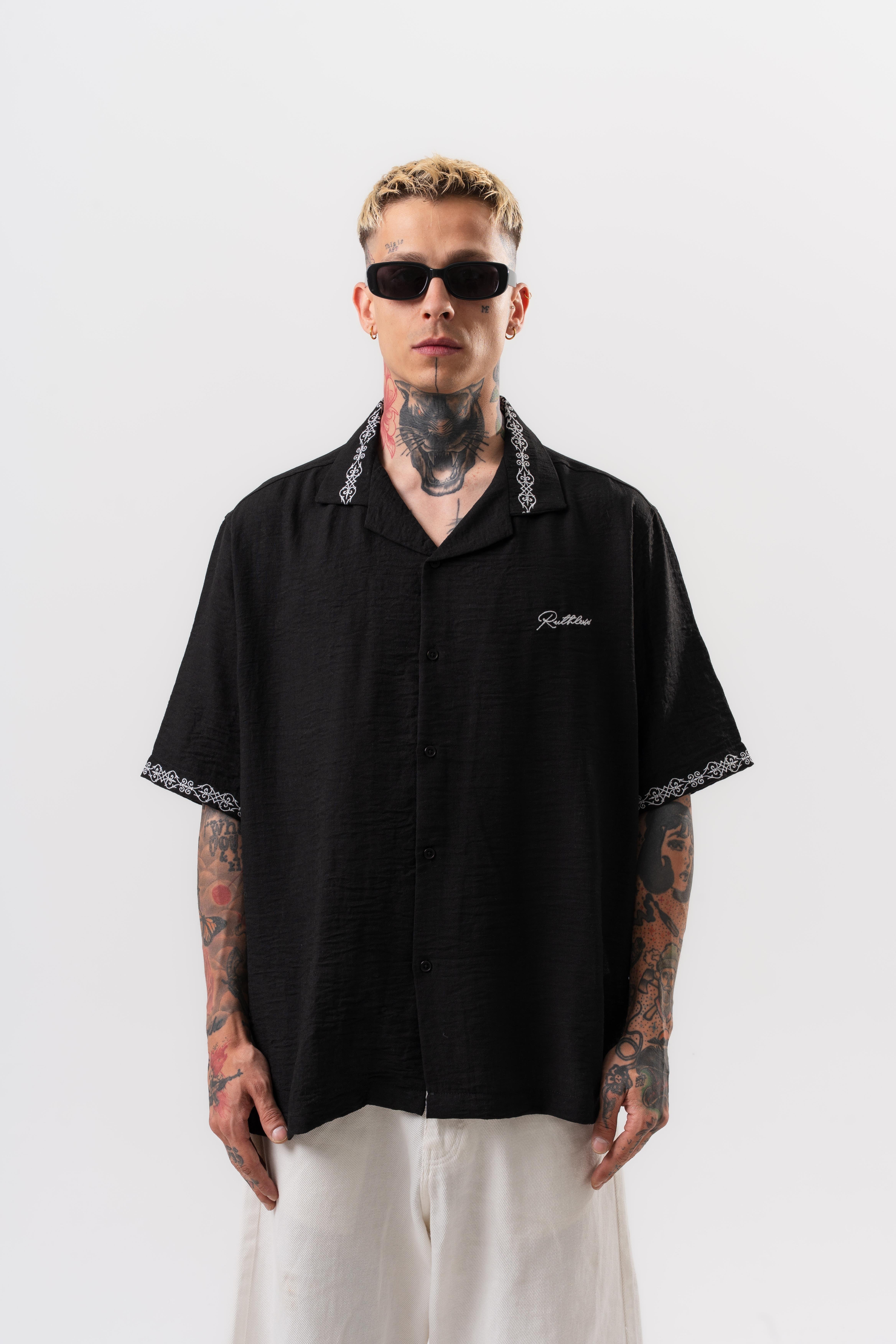 Erkek Ruthless Nakışlı Oversize Gömlek Siyah