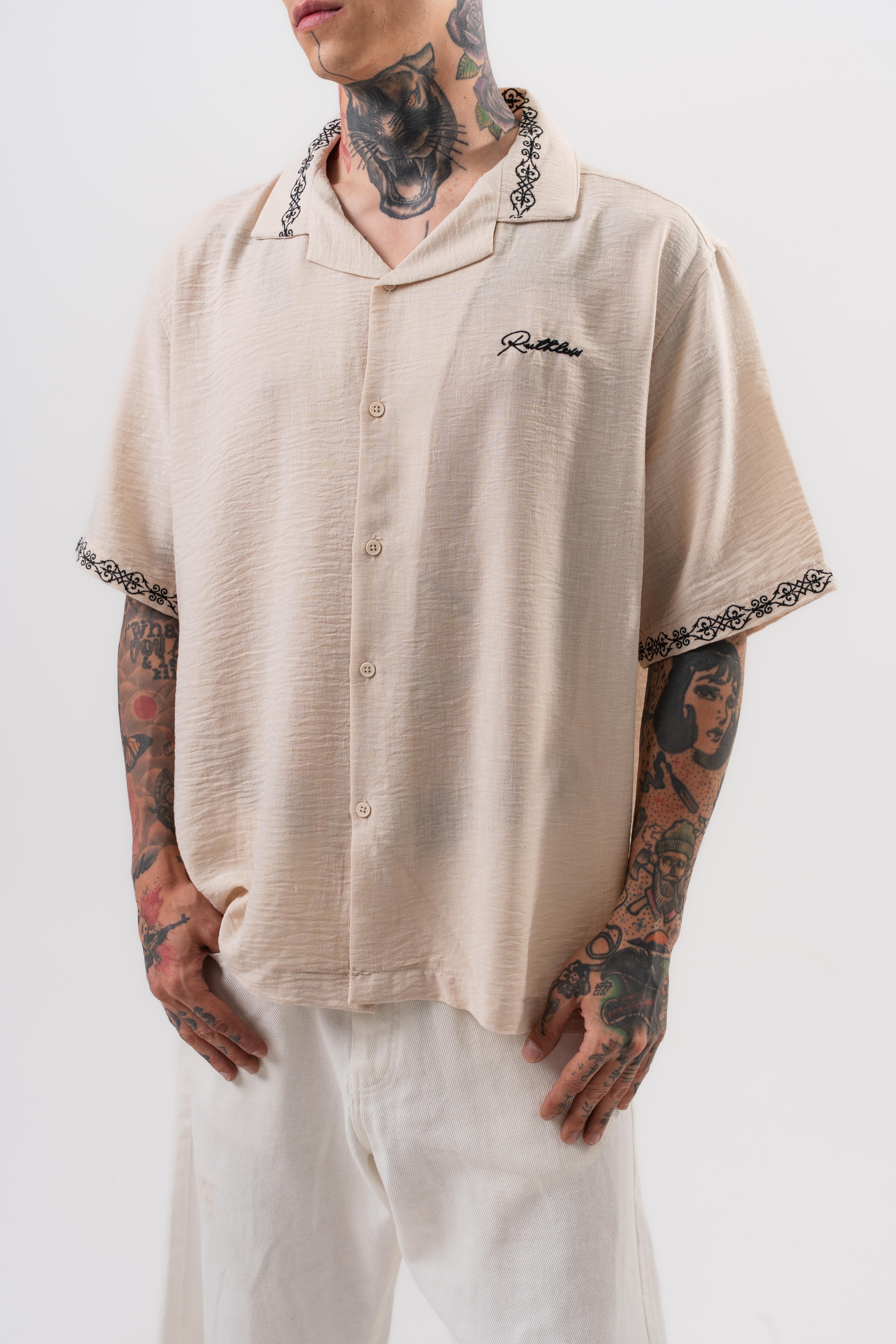 Erkek Ruthless Nakışlı Oversize Gömlek Bej