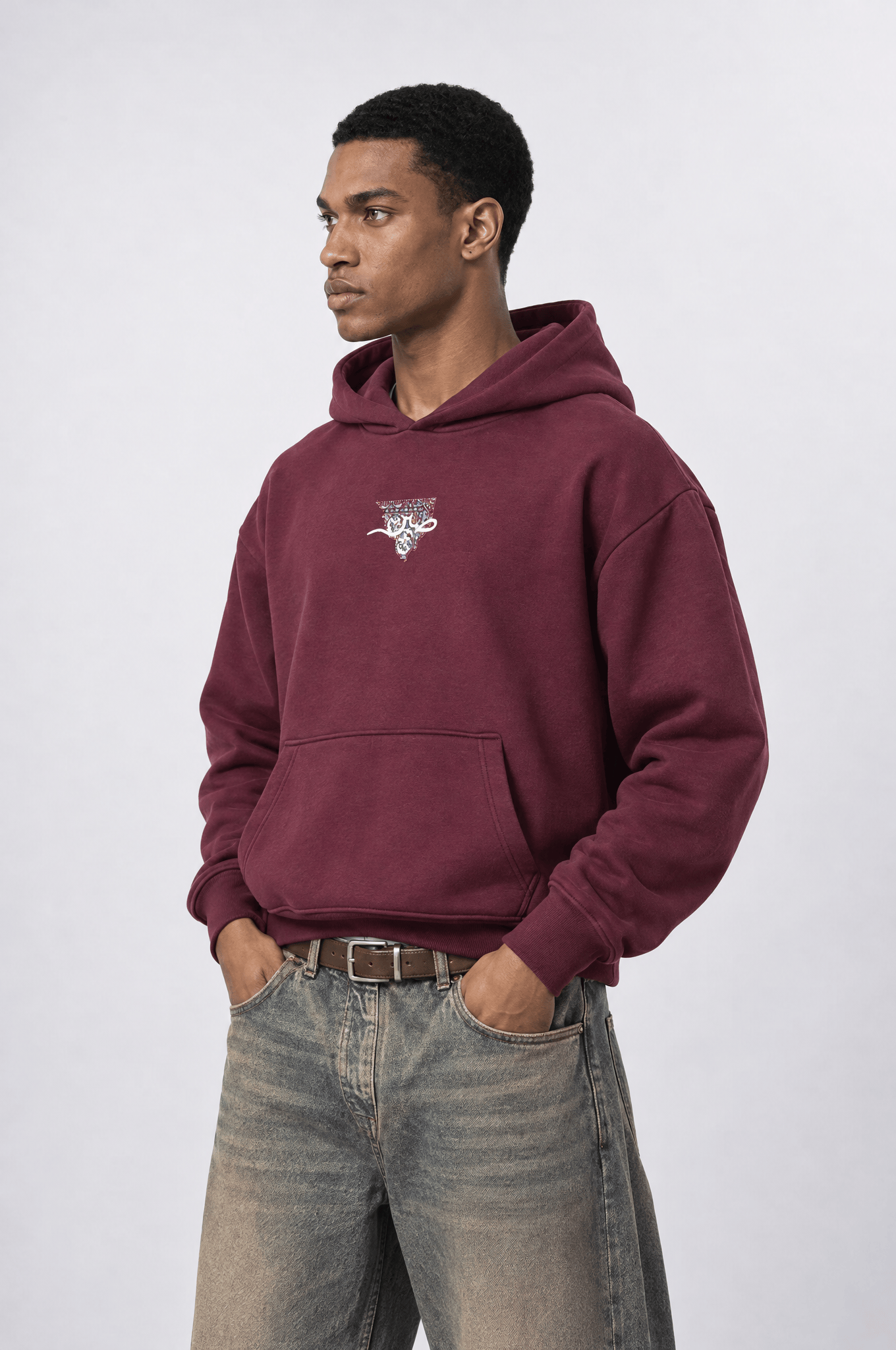 Erkek Sabr Patch Detaylı Oversize Hoodie Bordo