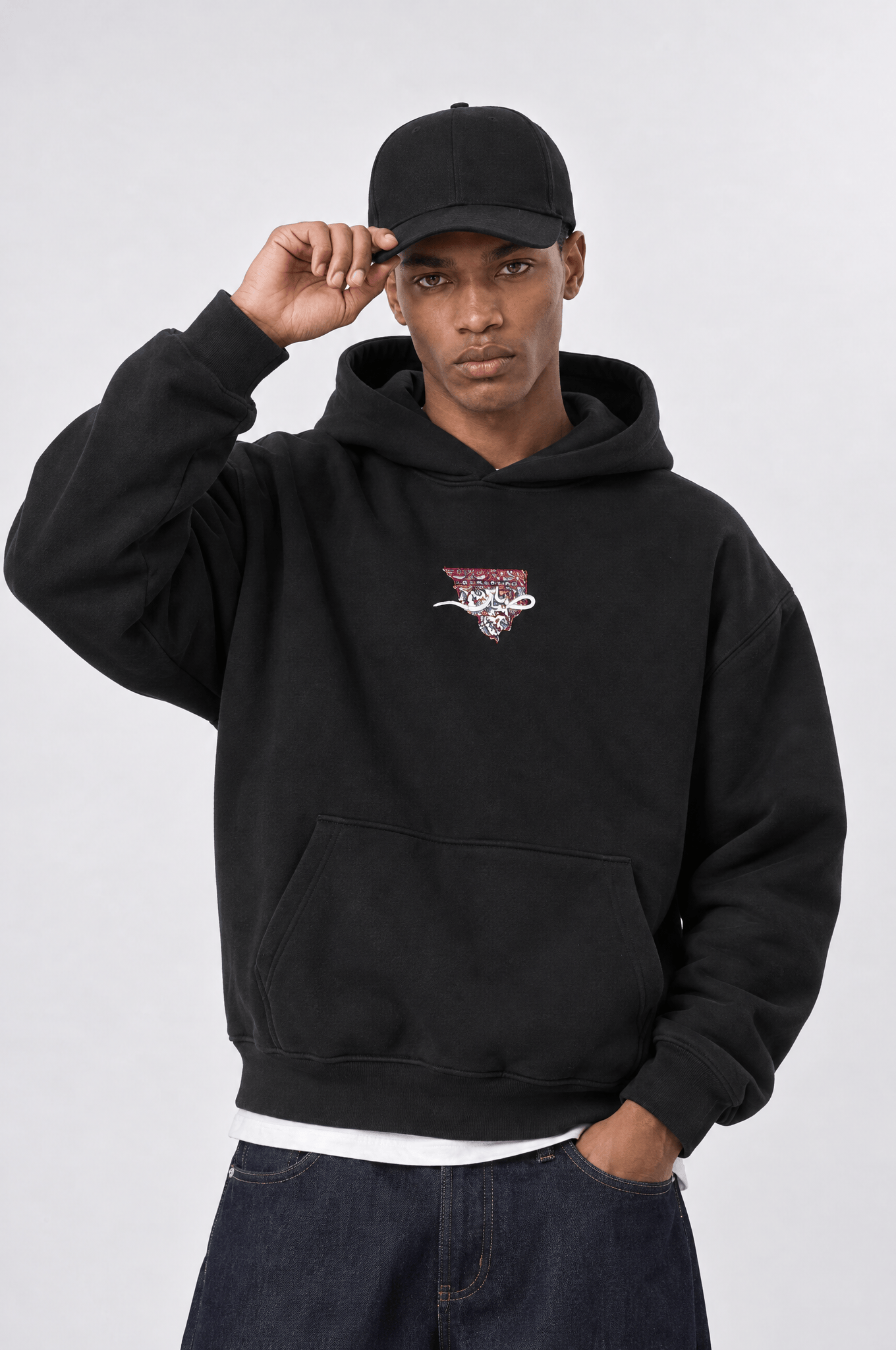 Erkek Sabr Patch Detaylı Oversize Hoodie Siyah