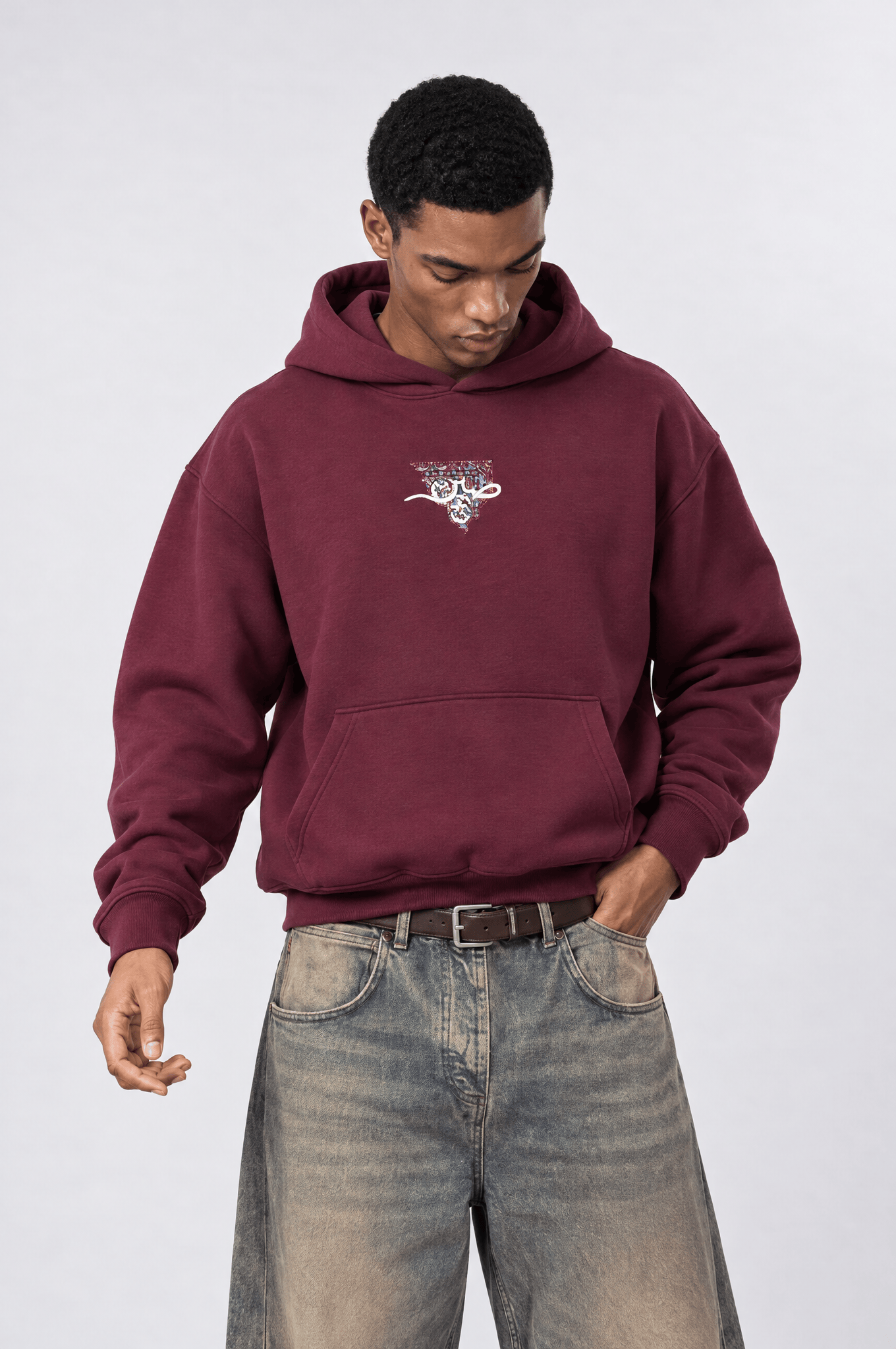 Erkek Sabr Patch Detaylı Oversize Hoodie Bordo