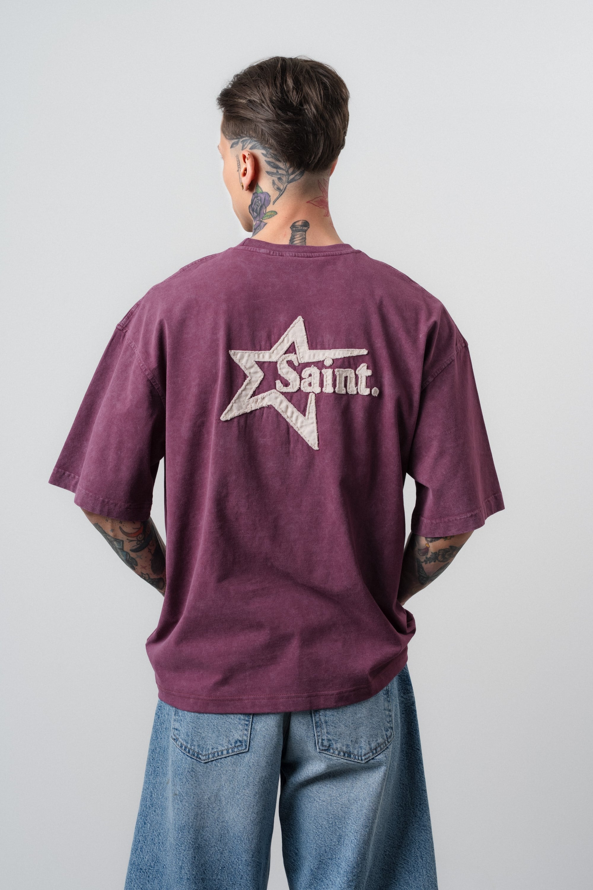 Erkek Saint Nakışlı Yıkamalı Oversize T-Shirt Vişne