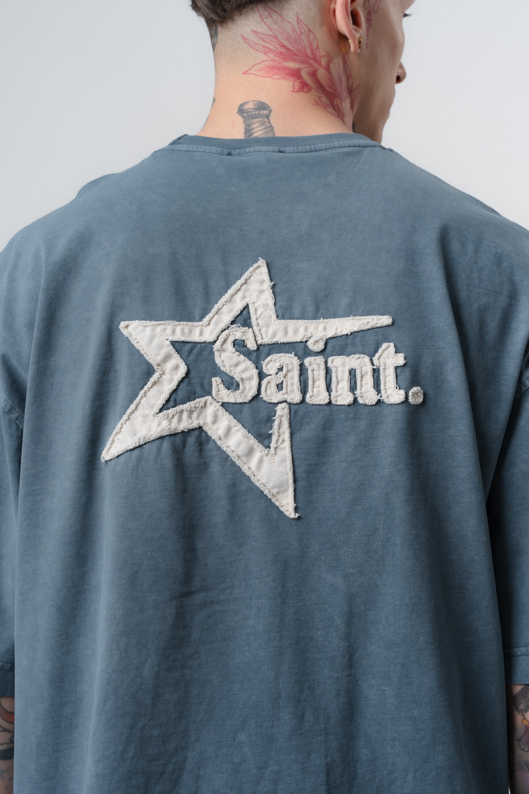 Erkek Saint Nakışlı Yıkamalı Oversize T-Shirt Petrol