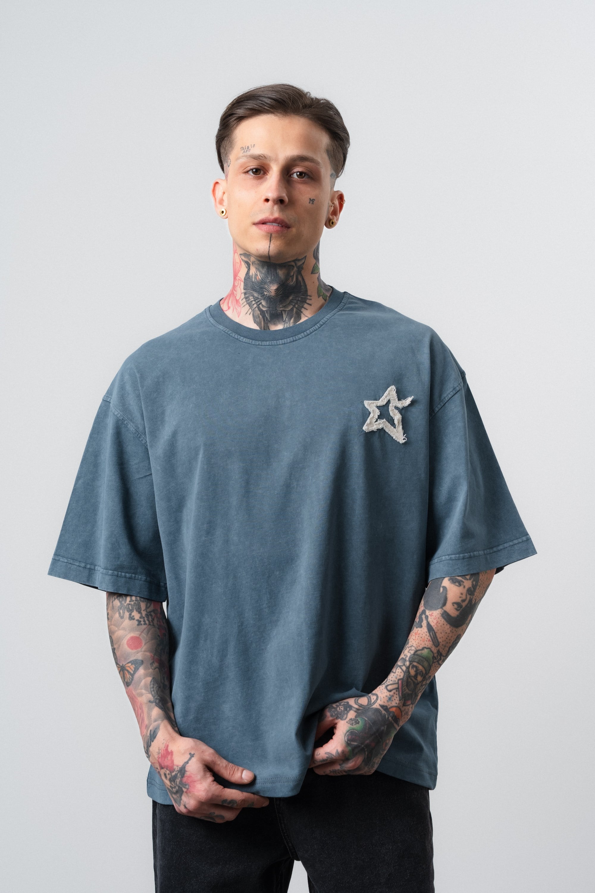 Erkek Saint Nakışlı Yıkamalı Oversize T-Shirt Petrol