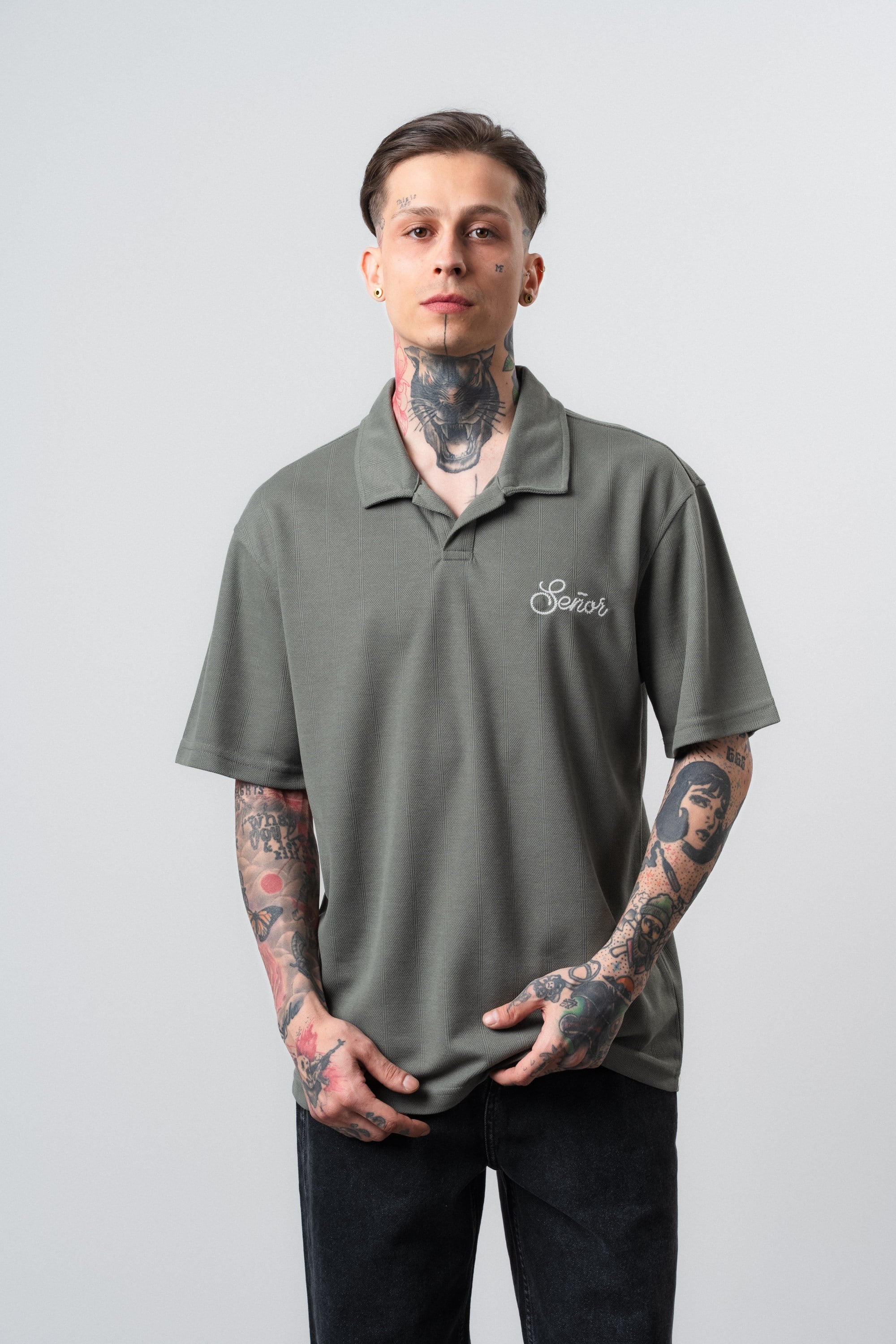 Erkek Senor Yazılı Polo Yaka Regular Fit T-Shirt Haki